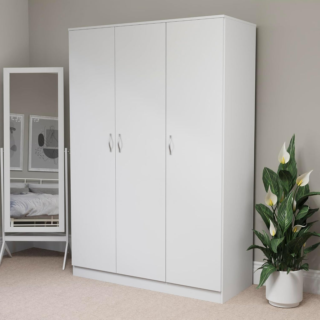 Riano 3 Door Wardrobe | White | Bedroom Furniture | 170H X 115.4W X 53D Cm | with Shelf & Hanging Rail | Large Capacity Storage