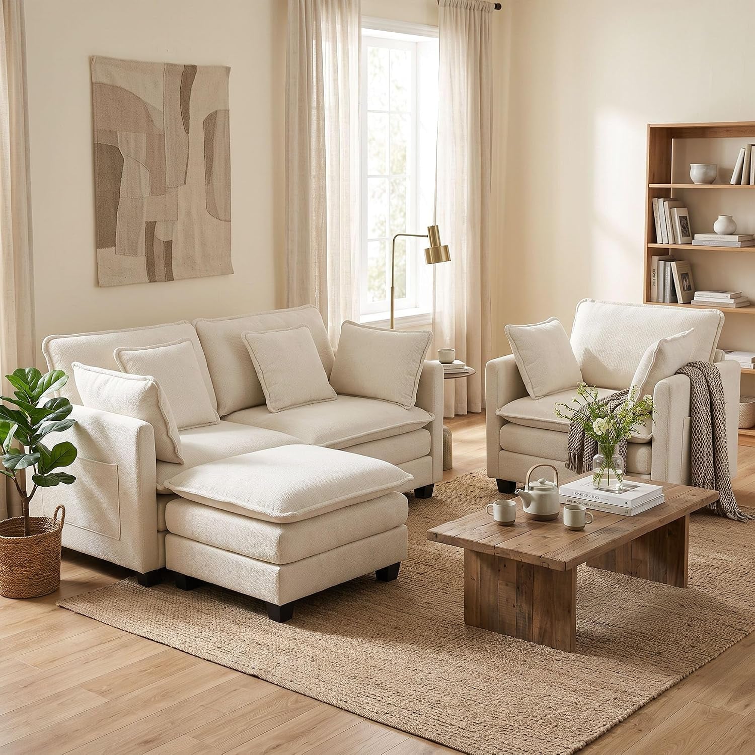 L Shaped Sofa, 162Cm Chenille 2 Seater with Ottoman, Begie | Deep-Seat Modular Design with a Movable Ottoman Footstool for Living Rooms, Bedrooms and Small Spaces