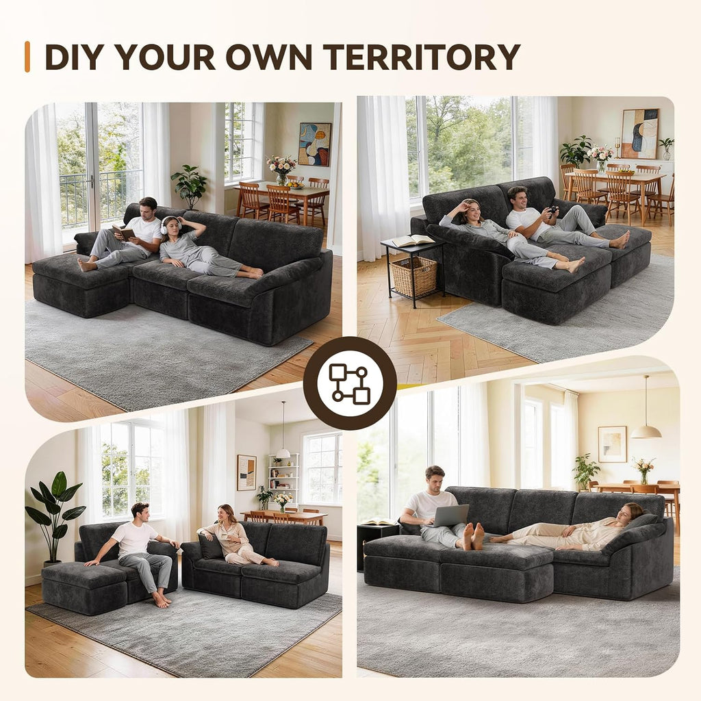 Boneless Cloud Sectional Sofa, 240Cm Modular Chenille Couch, Grey | No Assembly Needed, Expands in 72Hrs, 380Gsm Skin-Friendly Chenille Fabric, Perfect for Living Rooms & Apartments