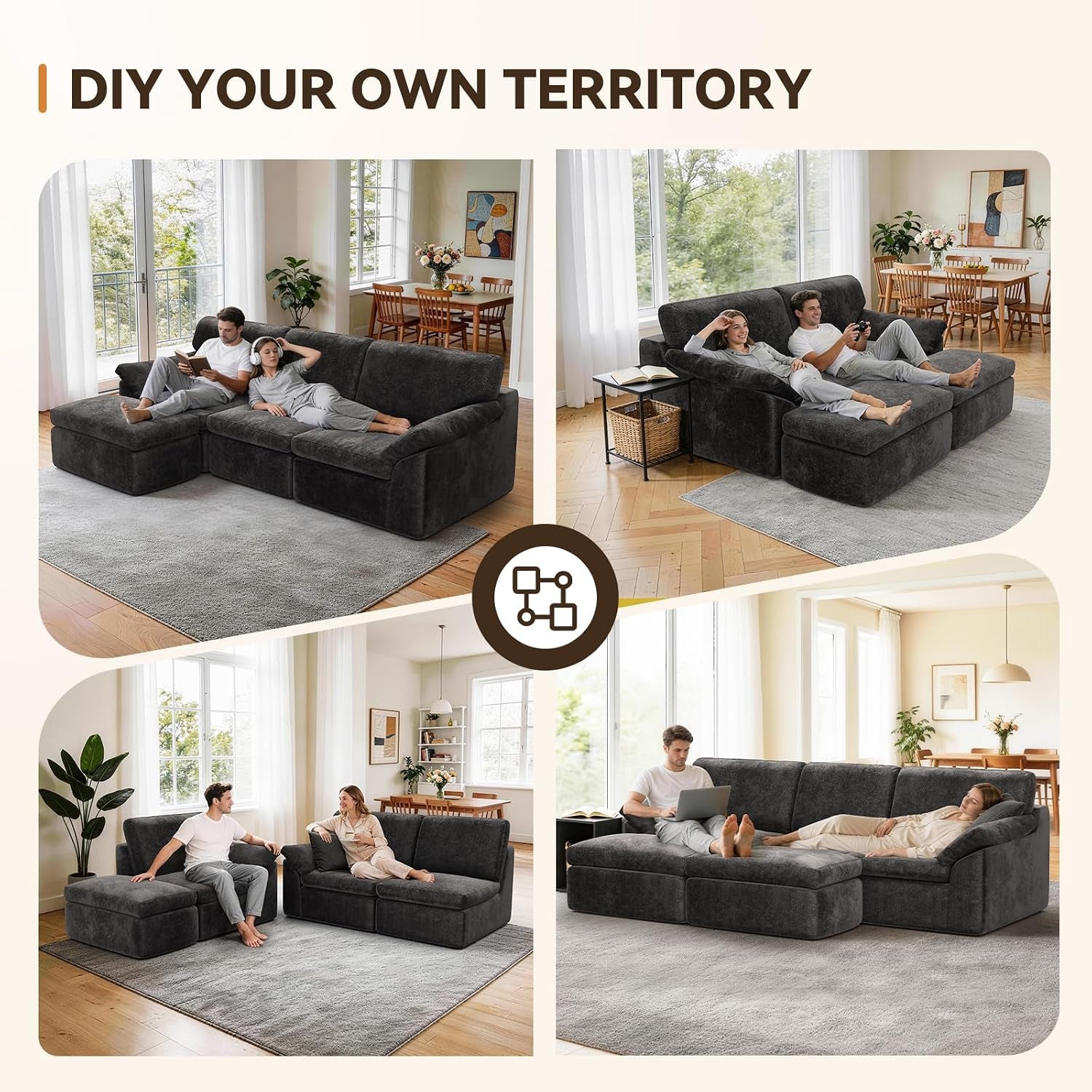 Boneless Cloud Sectional Sofa, 240Cm Modular Chenille Couch, Grey | No Assembly Needed, Expands in 72Hrs, 380Gsm Skin-Friendly Chenille Fabric, Perfect for Living Rooms & Apartments