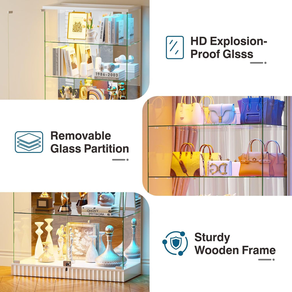 5 Tier Glass Display Cabinet Withrbg Lights for Collectibles,White