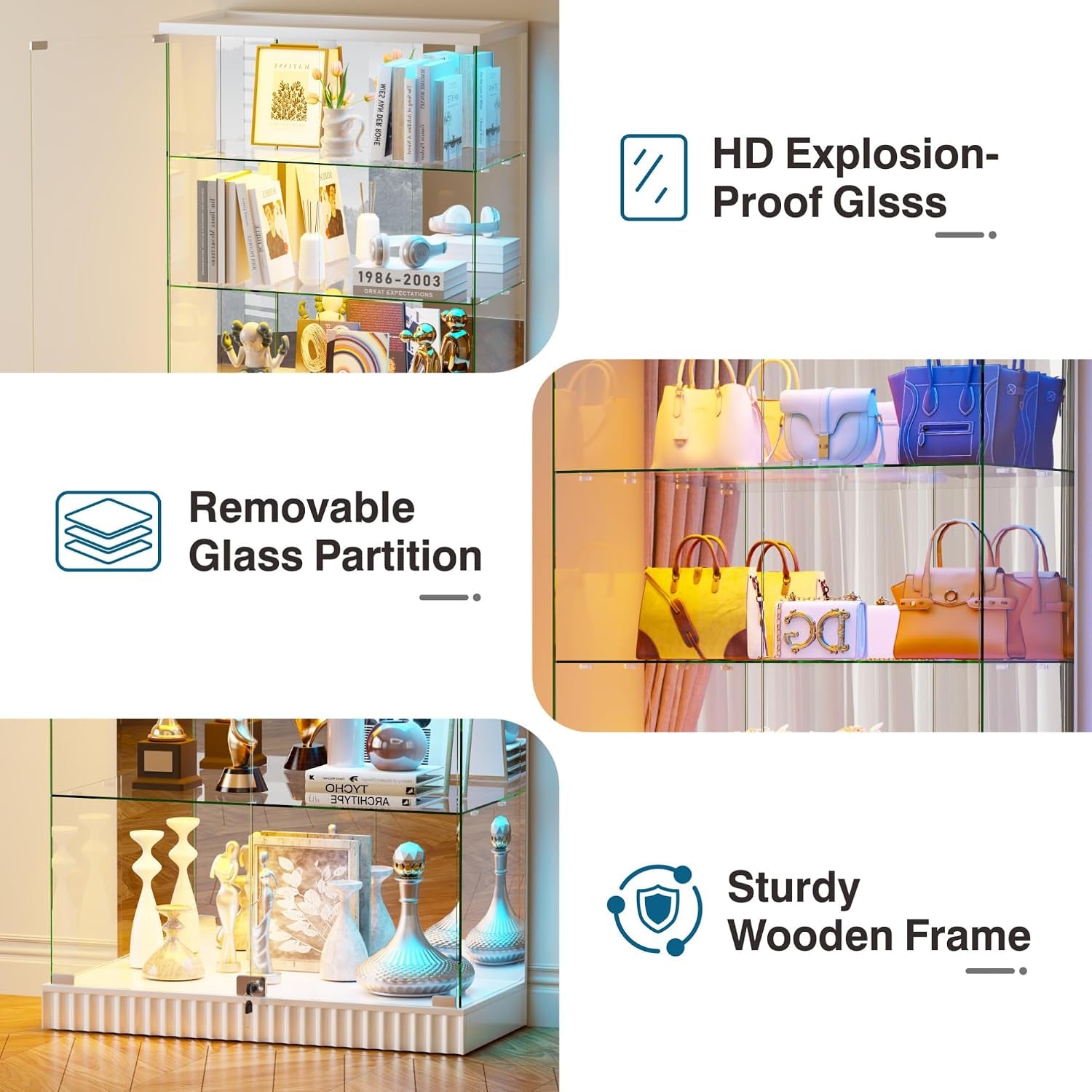 5 Tier Glass Display Cabinet Withrbg Lights for Collectibles,White