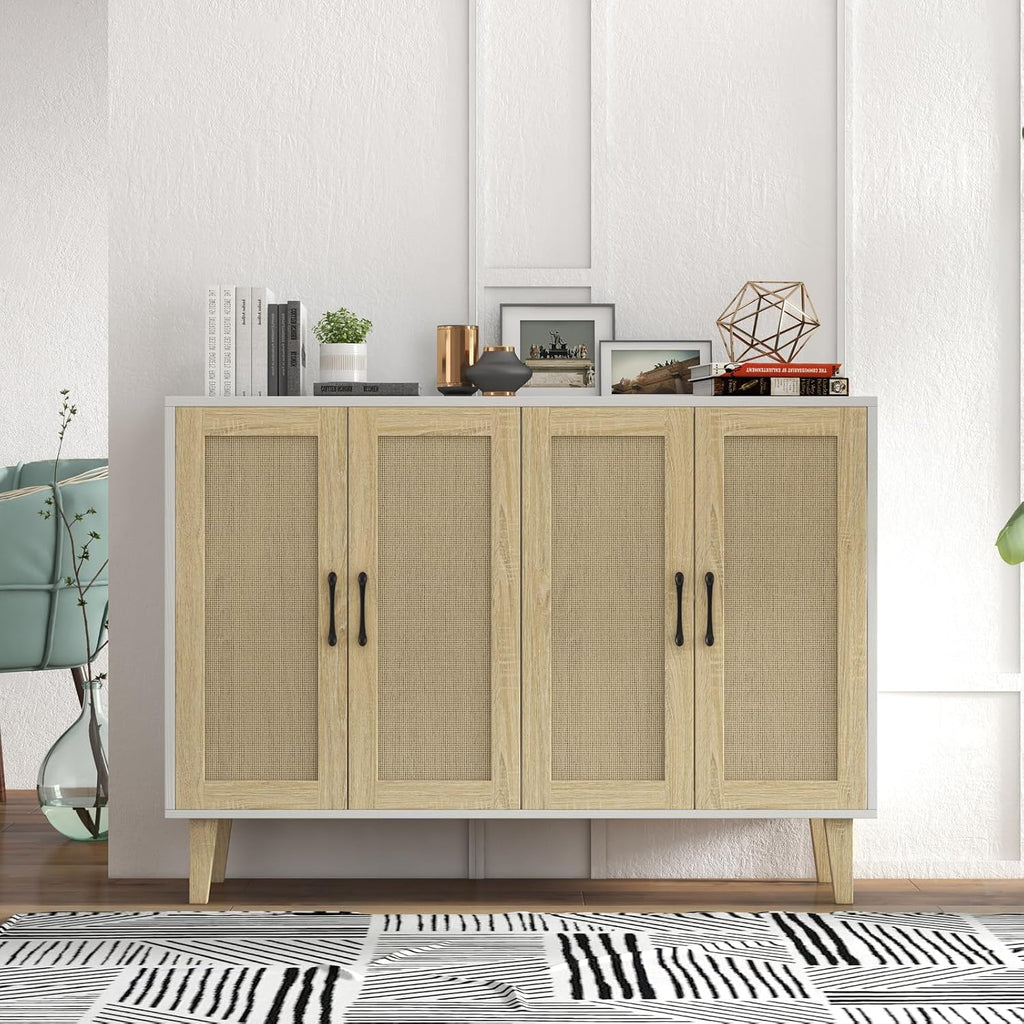 Buffet Storage Cabinet with Rattan Decorating Living Room Wood Kitchen Sideboard Accent Cabinet (White, 123(W) X 38(D) X 88(H))