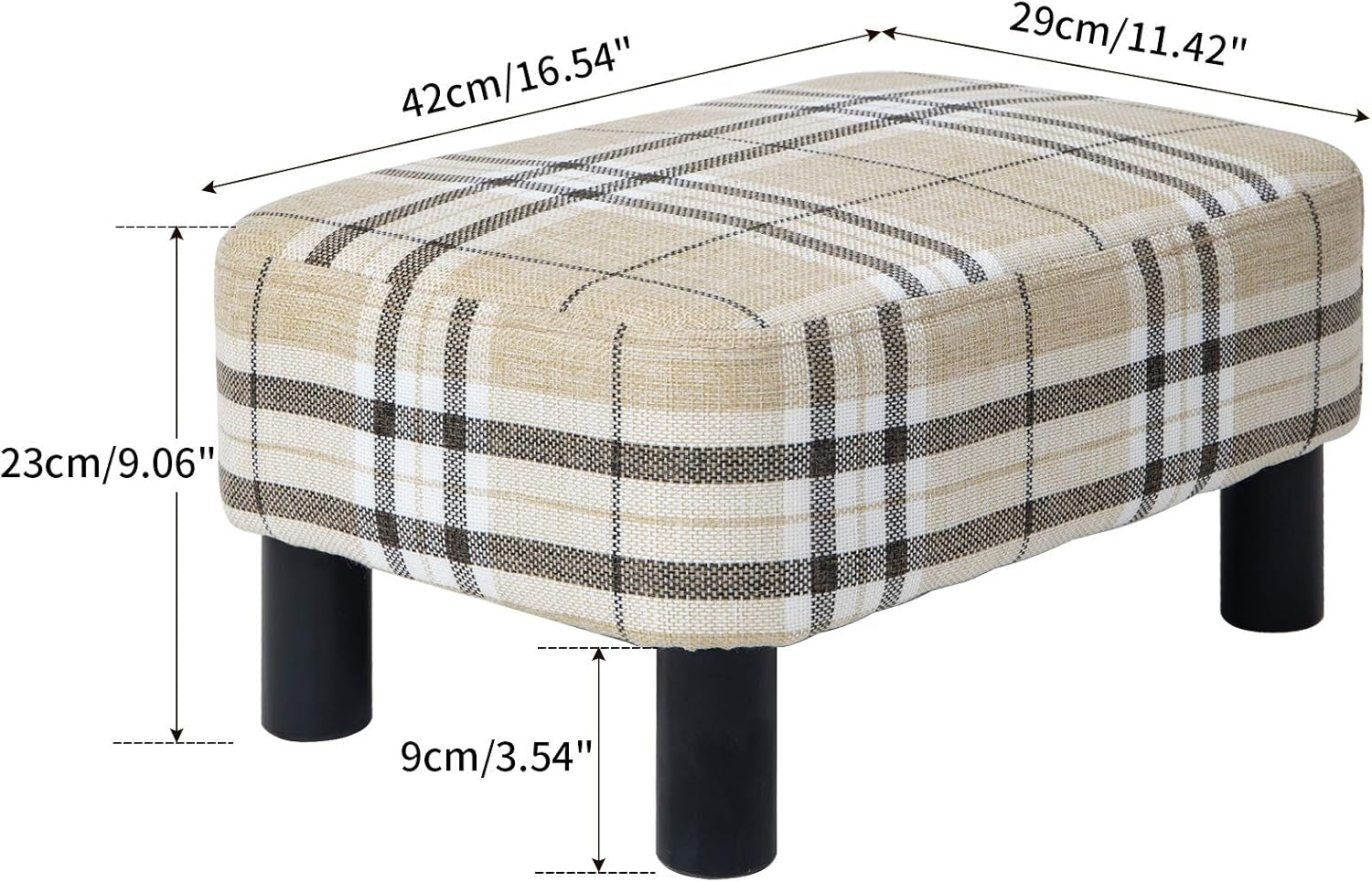 16.54" Small Footstool Linen Fabric Pouf Ottoman Footrest Modern Home Living Room Bedroom Rectangular Stool, with Padded Seat Pine Wood Legs, Stripe URF-BD215-C