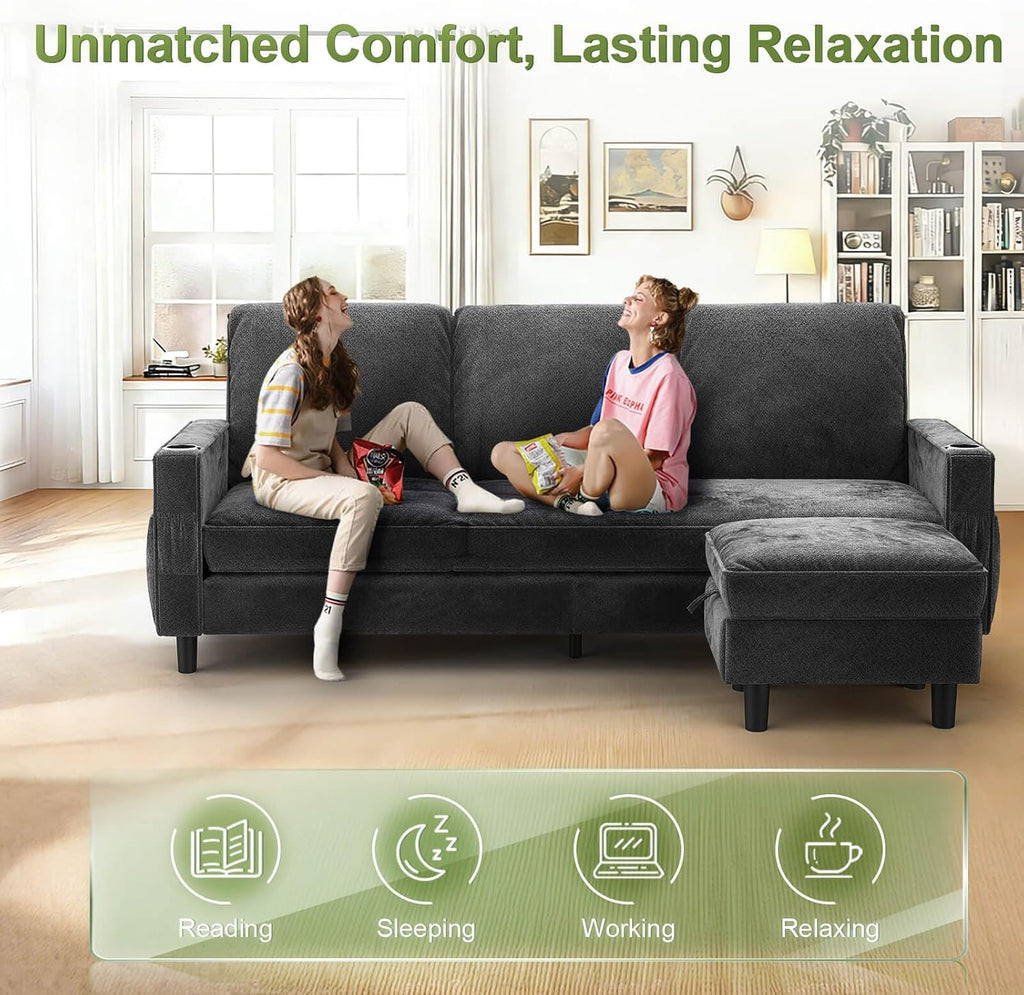 3-Seater Sofa with Storage Ottoman Footstool, L-Shaped Chaise Lounge Sofa with USB Charging Ports, 2 Cup Holders, Modern Fabric Small Space Corner Sofa Couch for Living Room (Deep Grey)