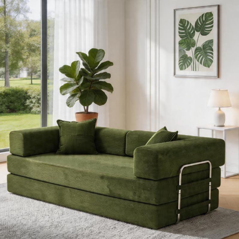 3 Seater Boneless Sofa Bed,Modular Convertible Couch,Pull Out,Green | 5-In-1 Folding Double Futon Sofa Bed|Corduroy Fabric|2 Memory Foam Pillows|Sectional Compressed Couches|200Cm for Living Room