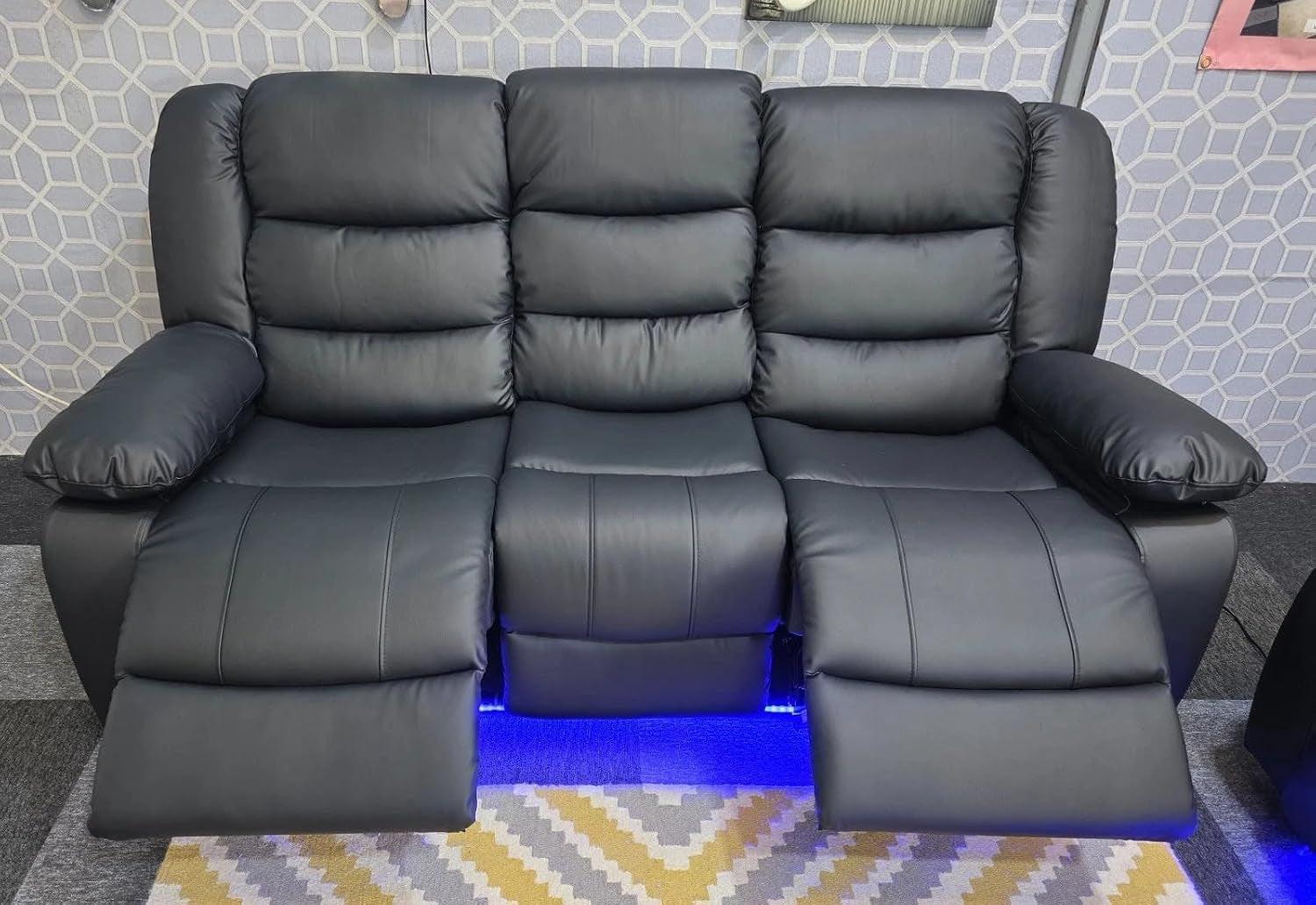 Madrid Leather Electric Recliner Sofa with Cupholders - Leather Sofa - 3+2 Seater - USB Charging Ports - LED Lights (Black, 3 Seater)