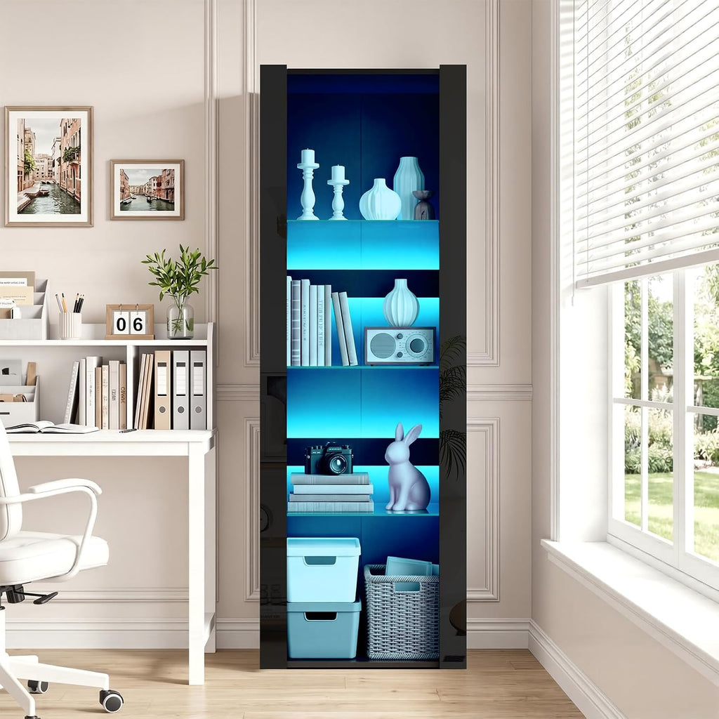 LED Tall Display Cabinet with Glass Shelf Modern Sideboard Cupboard Unit for Living Room Bedroom Furniture (Black Matt Body & Black High Gloss Fronts)