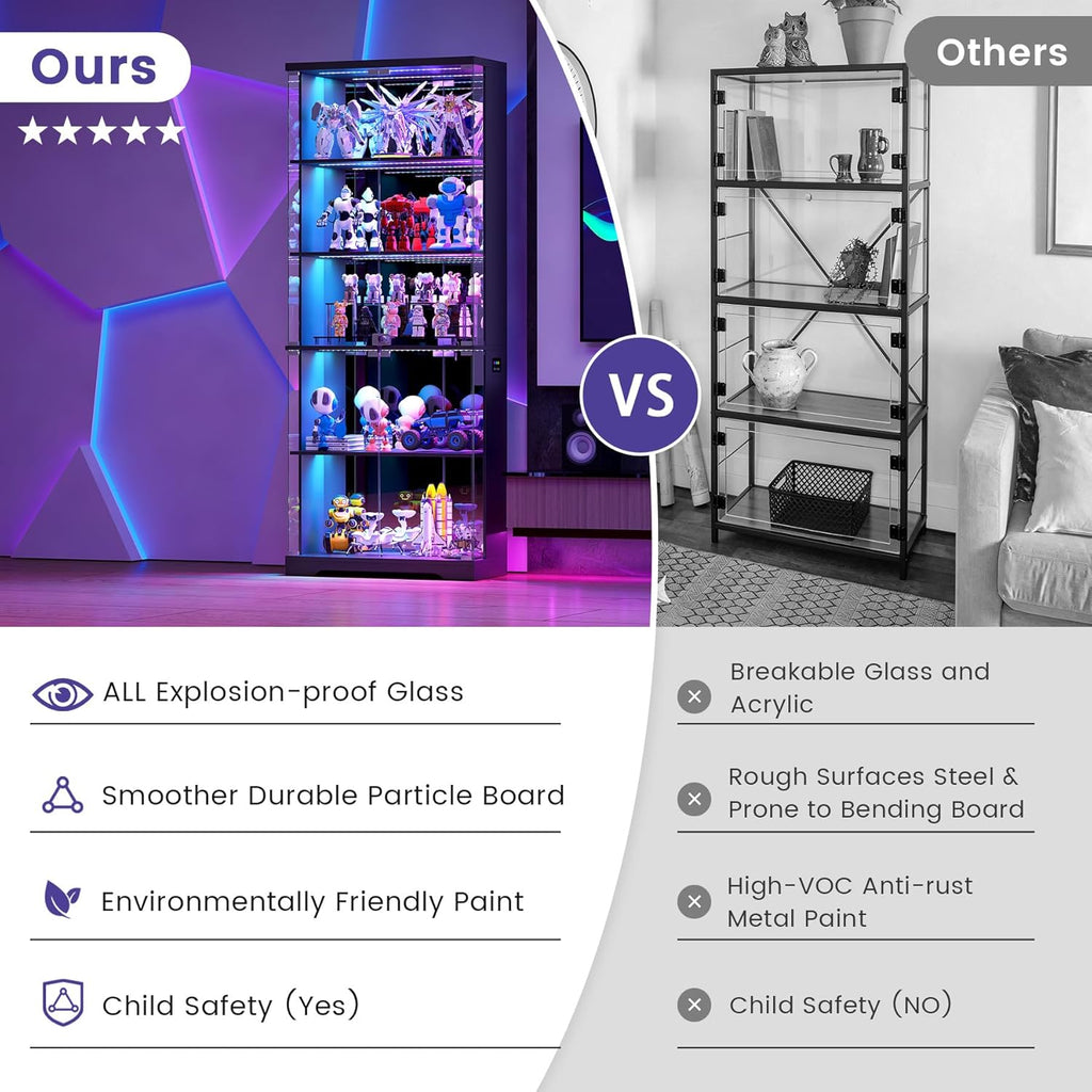 RGB Display Cabinet with Glass Doors, 175CM, Black | RGB Lights, 5-Tier Lockable Shelves for Collectibles/Figures/Books, Smart Human Sensor, for Living Room, Gaming Room