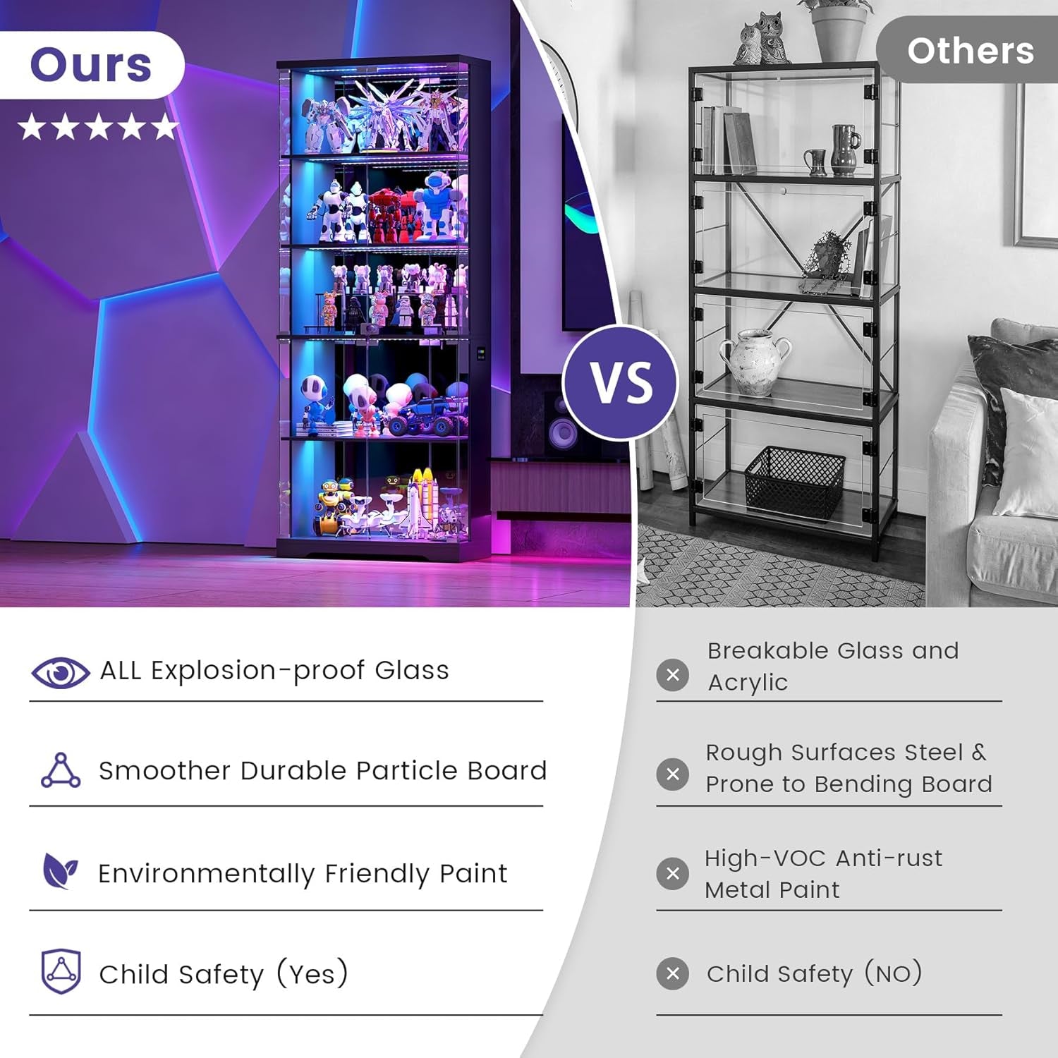 RGB Display Cabinet with Glass Doors, 175CM, Black | RGB Lights, 5-Tier Lockable Shelves for Collectibles/Figures/Books, Smart Human Sensor, for Living Room, Gaming Room