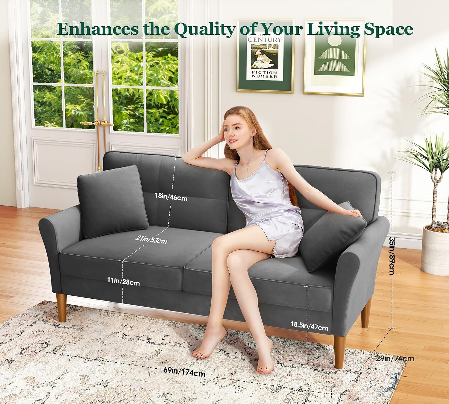 3 Seater Sofas 175CM, Velvet Small Sofa with 53Cm Deep Seat, Modern Couch 318Kg Capacity, Comfy Love Seat Tool-Free Setup, Large 2 Seater Sofa in a Box, Loveseat Couch for Living Room