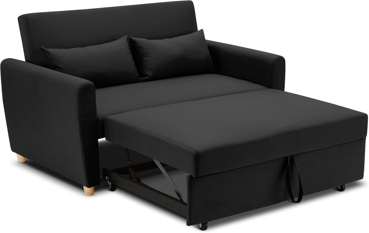 Black 2 Seater Sofa Bed Double, Pull Out Sofa Bed for Adults, Compact Fabric Sofabed with Fold Flat Mattress | Living Room Guest Bed | 140Cm