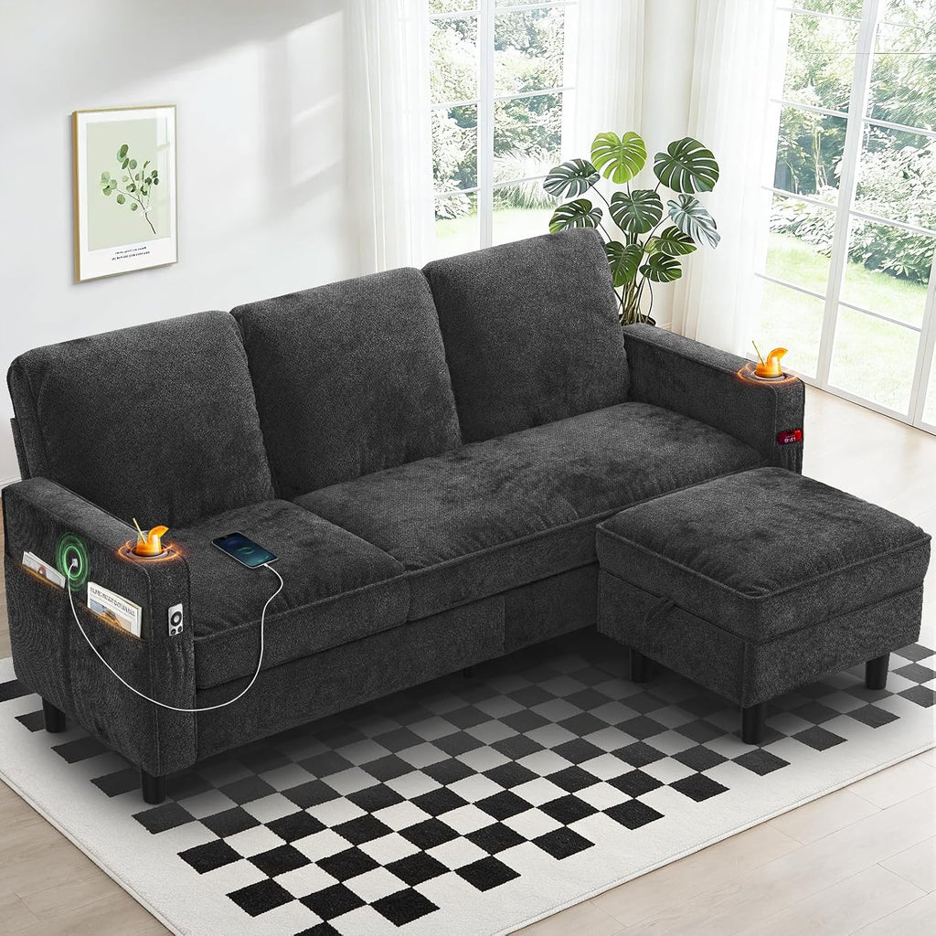 3-Seater Sofa with Storage Ottoman Footstool, L-Shaped Chaise Lounge Sofa with USB Charging Ports, 2 Cup Holders, Modern Fabric Small Space Corner Sofa Couch for Living Room (Deep Grey)