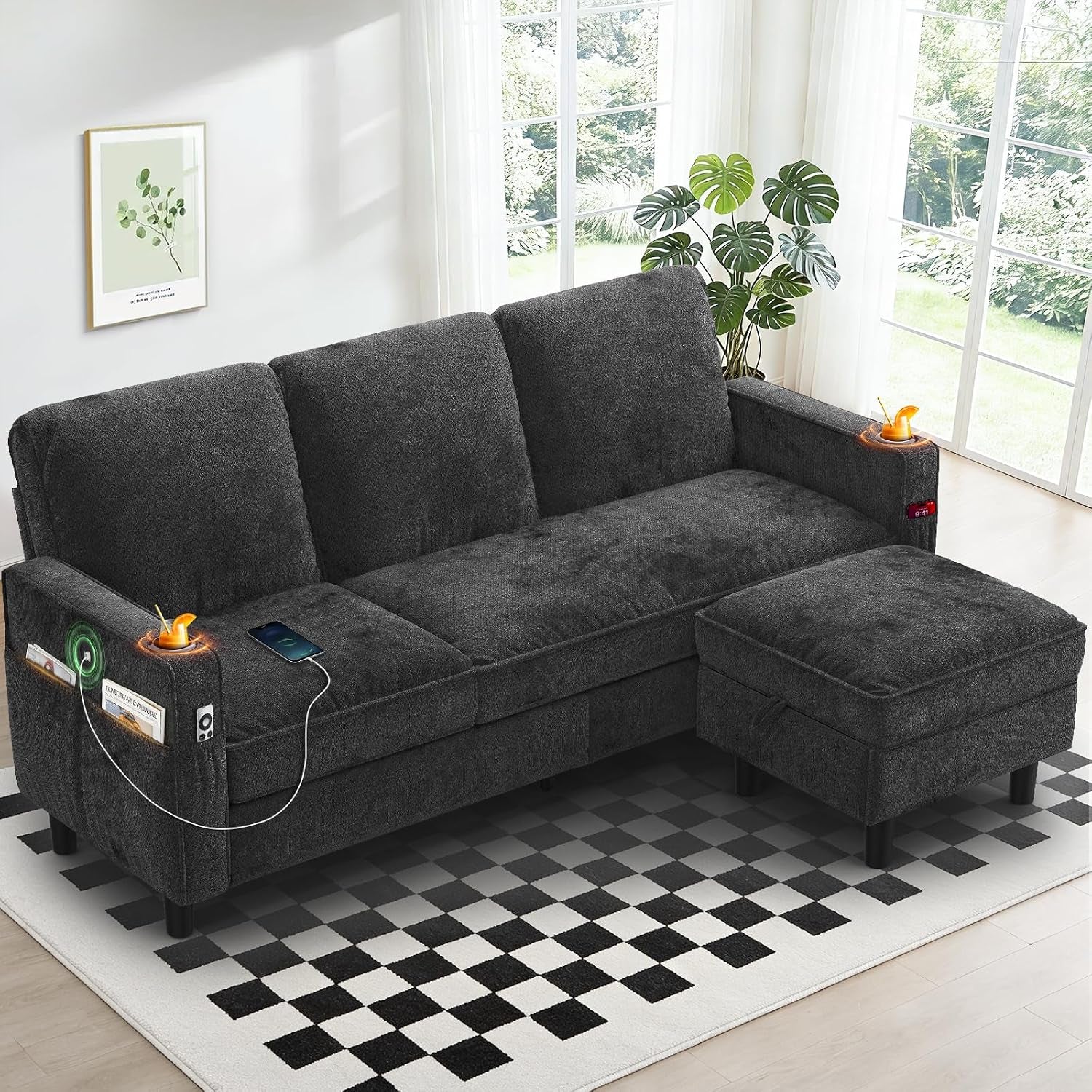 3-Seater Sofa with Storage Ottoman Footstool, L-Shaped Chaise Lounge Sofa with USB Charging Ports, 2 Cup Holders, Modern Fabric Small Space Corner Sofa Couch for Living Room (Deep Grey)