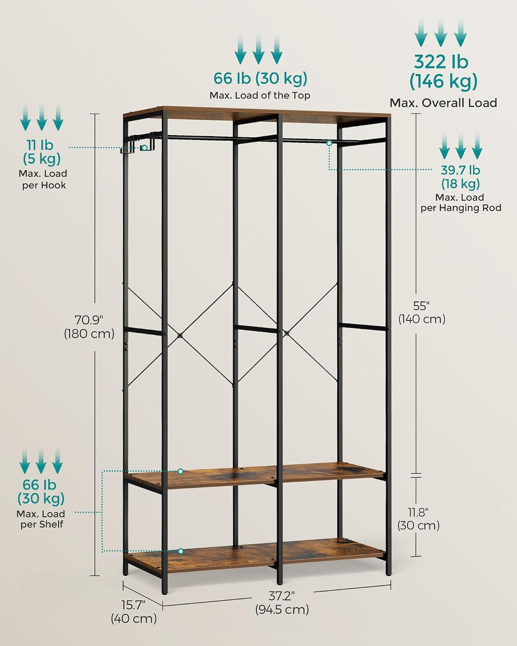 Portable Clothes Wardrobe, Foldable Closet, Clothes Rack Freestanding, Closet Organiser, with Hanging Rods, Storage Shelves, Removable Hooks, 40 X 94.5 X 180 Cm, Rustic Brown RGR004B01