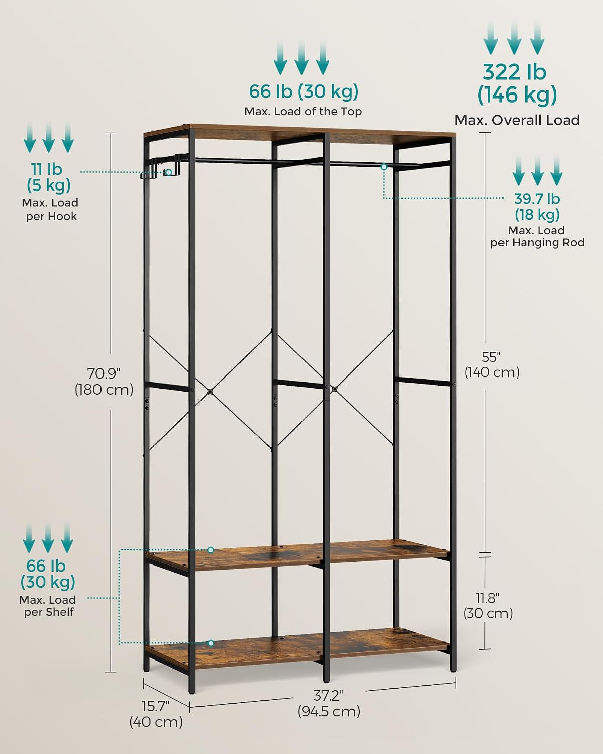 Portable Clothes Wardrobe, Foldable Closet, Clothes Rack Freestanding, Closet Organiser, with Hanging Rods, Storage Shelves, Removable Hooks, 40 X 94.5 X 180 Cm, Rustic Brown RGR004B01