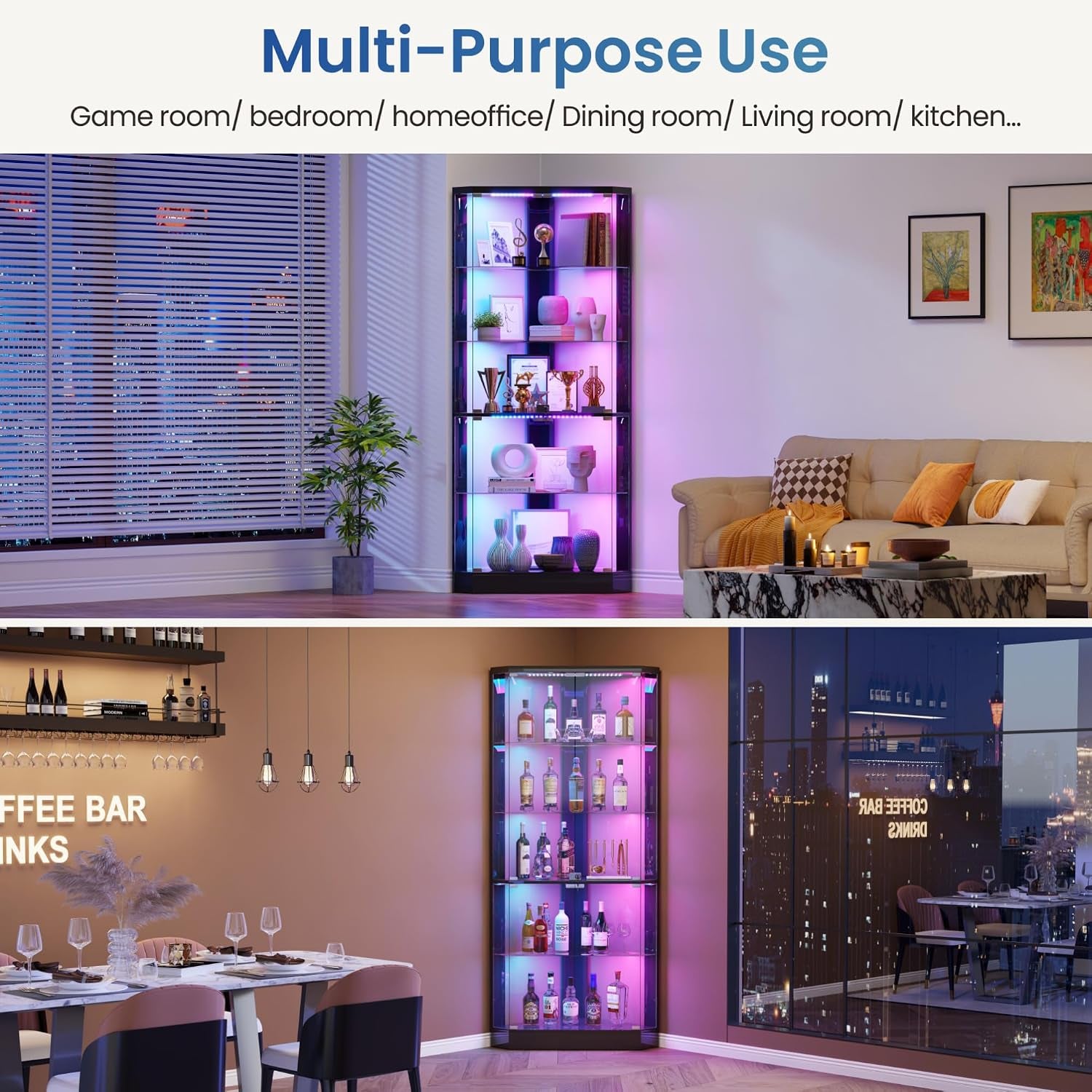 69" Corner RGB Glass Display Cabinets with Lock for Curio,Black | 5 Tier Modern Curio Cabinet with Dynamic Lighting,Storage Bookcase Cabinet with Glass Door for Study,Living Room,Bedroom
