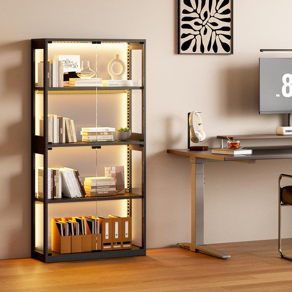 Glass Display Cabinet with RGB LED Light, 160X70X30Cm, Black | Display Cases with 3 Color Lights, Modern Storage Cabinet with Glass Door, Tall Bookcase for Home Office, Living Room