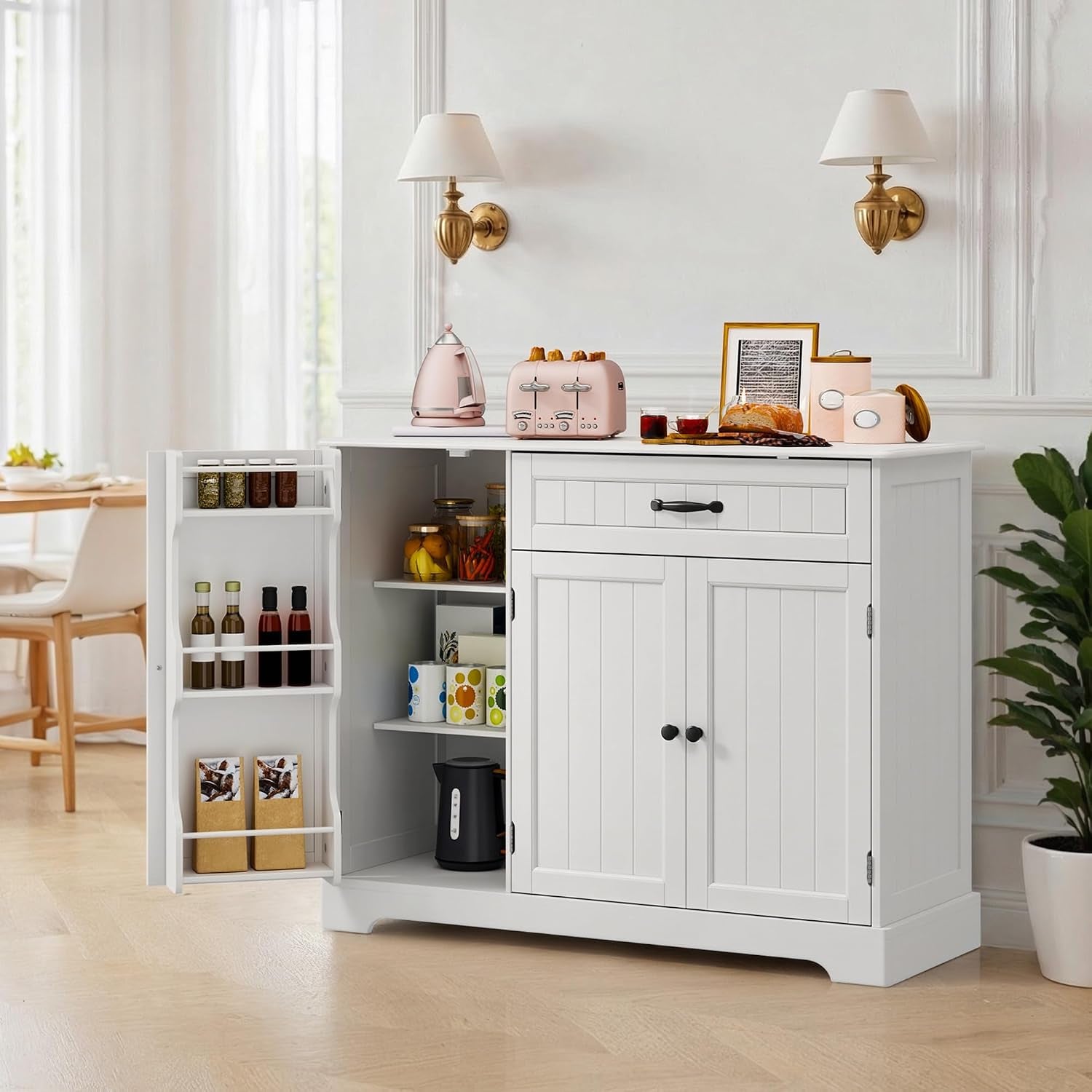 Sideboard Cabinet, Kitchen Storage Cupboard with Drawer | 3-Tier Door Storage and 2-Door Cabinet, Anti-Tip Design, 105 X 40 X 84.5 Cm