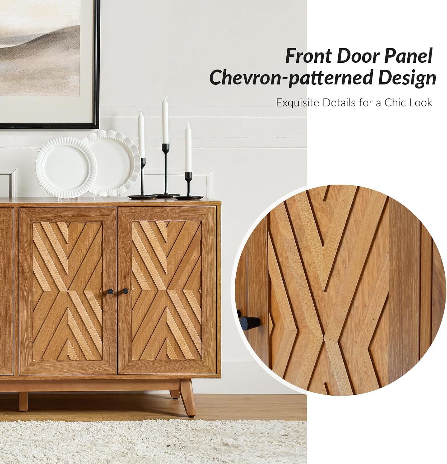 145 Cm Mid-Century Sideboard with Adjustable Shelves, Walnut | 4-Door Storage Cabinet with Chevron-Patterned Design, Solid Wood Legs, Ample Storage for Living Room or Dining Room