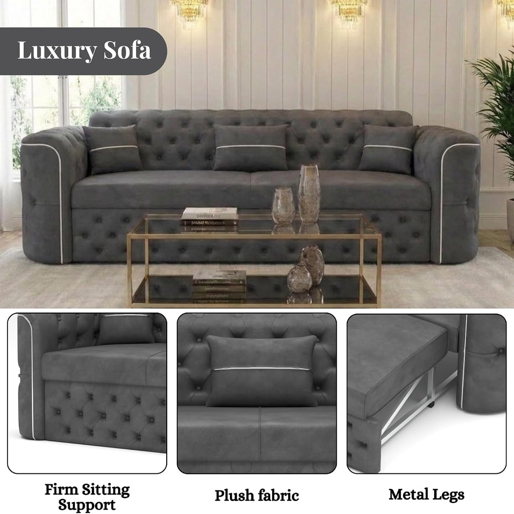 GLAMORA 3 Seater Sofa - Pull Out Convertible Bed with Internal Metal Support Legs & Cushion Set | Soft Plush Suede Couch for Living Room (Gray)