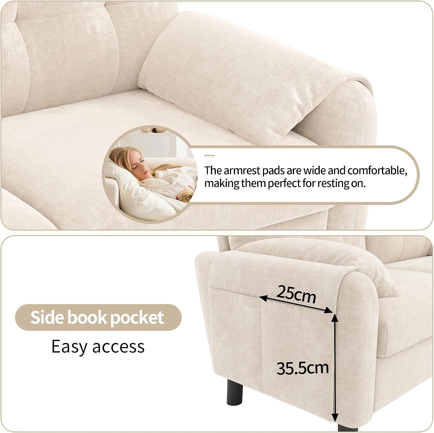 2 Seater Chenille Sofa Small Sofa with Soft Cushioned Seat Beige | Two Seater Sofa with Pillow‑Style Armrests and Side Storage Pocket, Loveseat for Small Living Rooms, Bedrooms and Apartments
