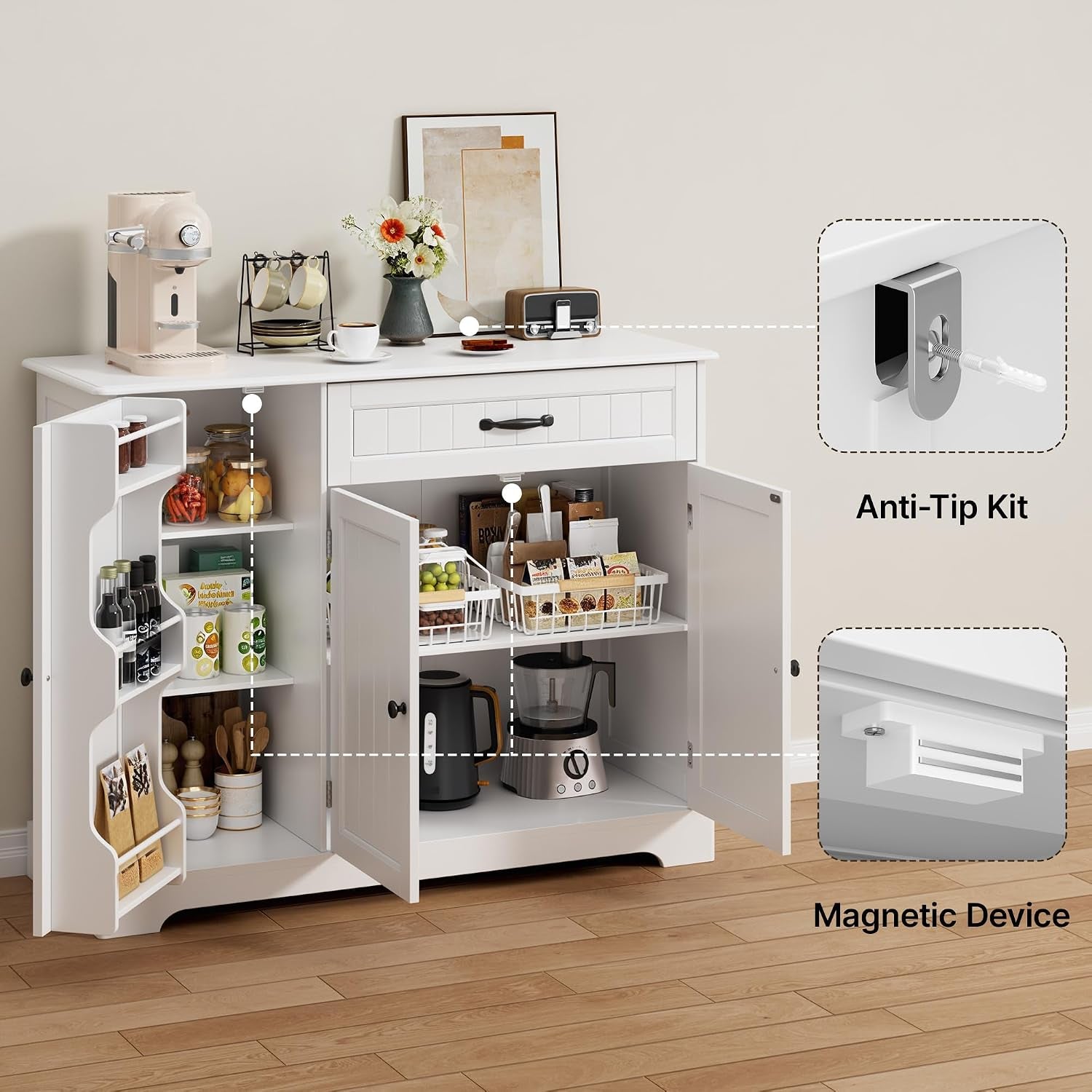 Sideboard Cabinet, Kitchen Storage Cupboard with Drawer | 3-Tier Door Storage and 2-Door Cabinet, Anti-Tip Design, 105 X 40 X 84.5 Cm