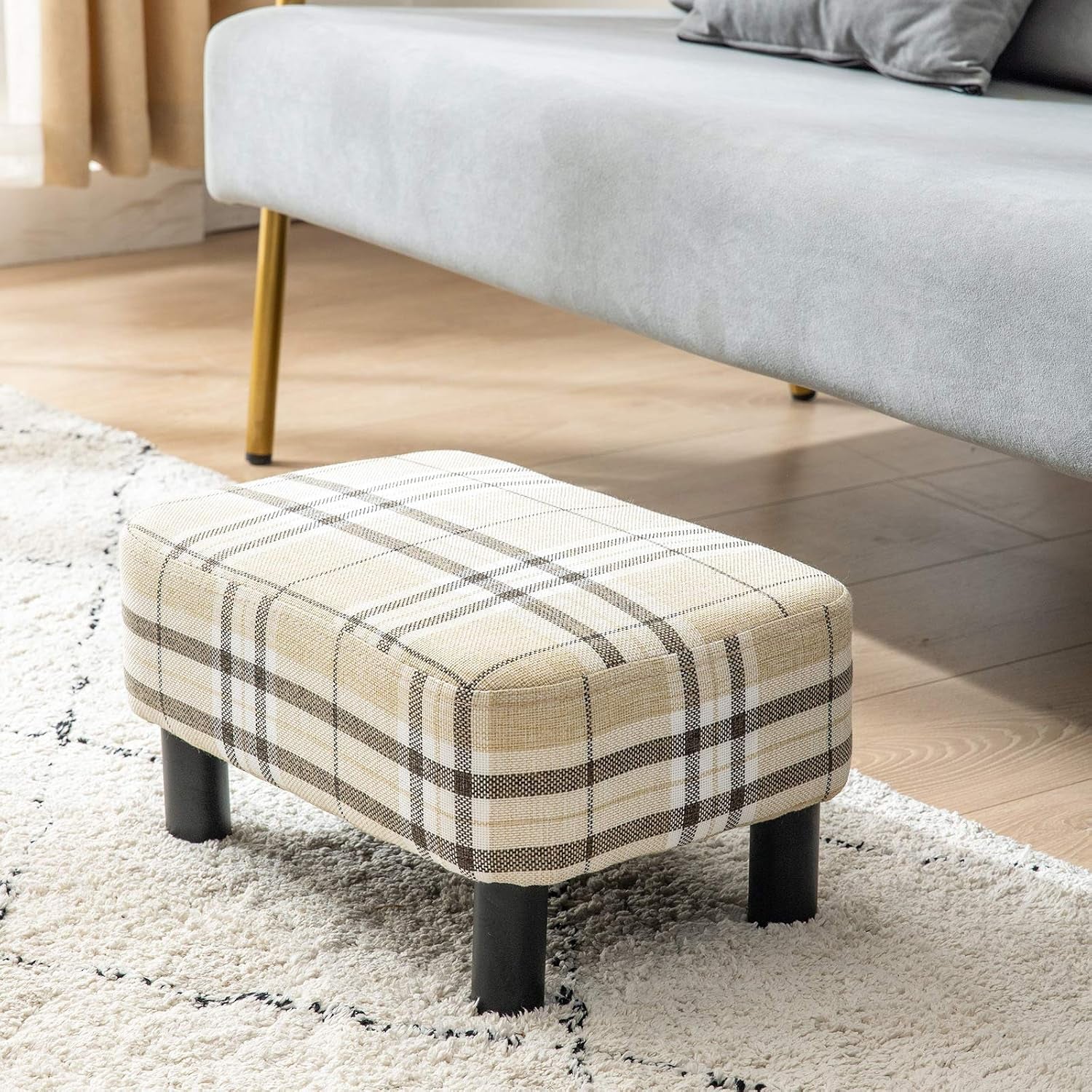 16.54" Small Footstool Linen Fabric Pouf Ottoman Footrest Modern Home Living Room Bedroom Rectangular Stool, with Padded Seat Pine Wood Legs, Stripe URF-BD215-C