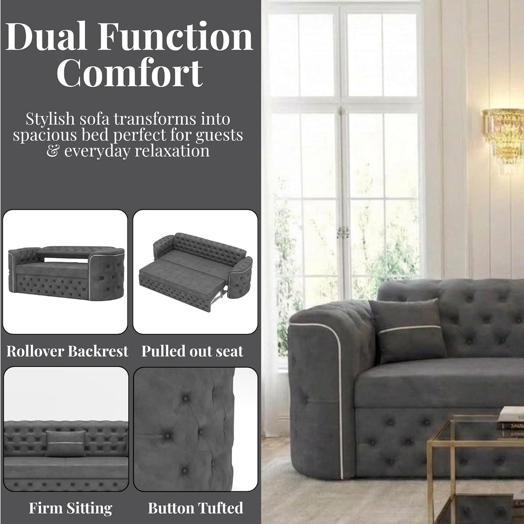 GLAMORA 3 Seater Sofa - Pull Out Convertible Bed with Internal Metal Support Legs & Cushion Set | Soft Plush Suede Couch for Living Room (Gray)