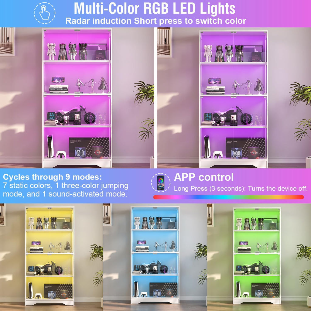 Display Cabinet with Glass Doors, 63" Tall Curio Cabinet with Human Sensor RGB LED Lights, 4-Tier Glass Display Case with 15Mm Thick Shelves for Action Figures, Collectibles, Books - White
