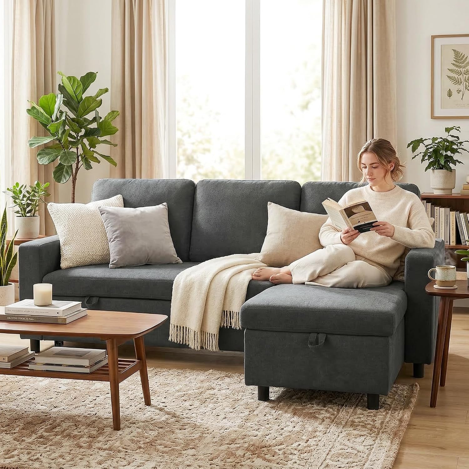 Sofa Bed with Storage Convertible L Shaped Couch Charcoal Grey | Corner Sleeper Couch, 3 Seater Pull Out Sofa Bed, Reversible Chaise, Side Pockets, Living Room, Bedroom, Small Spaces