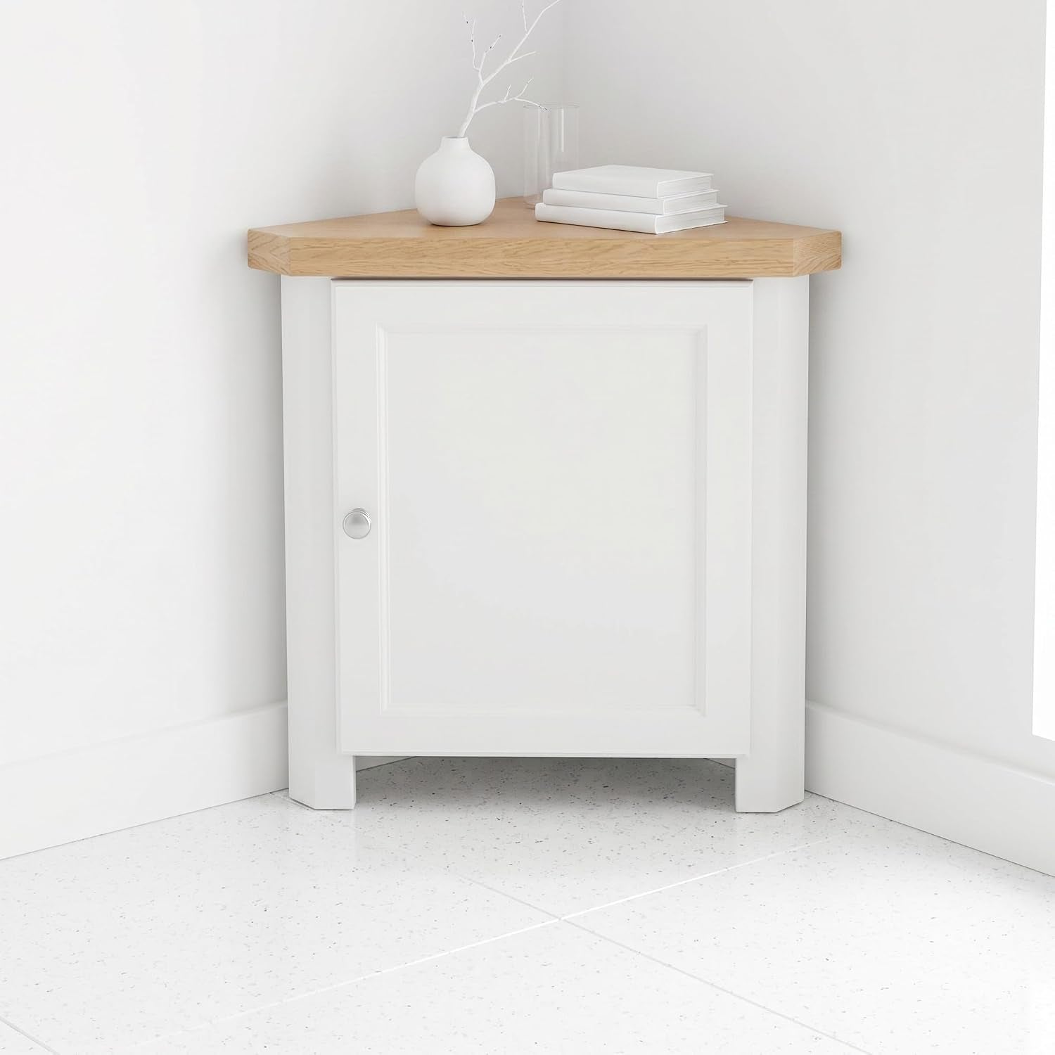 Corner Cabinet with Chunky Oak Top - Corner Unit with Shelf, Assembled Small Cabinet for Small Nooks or Bedside Table (White 2)
