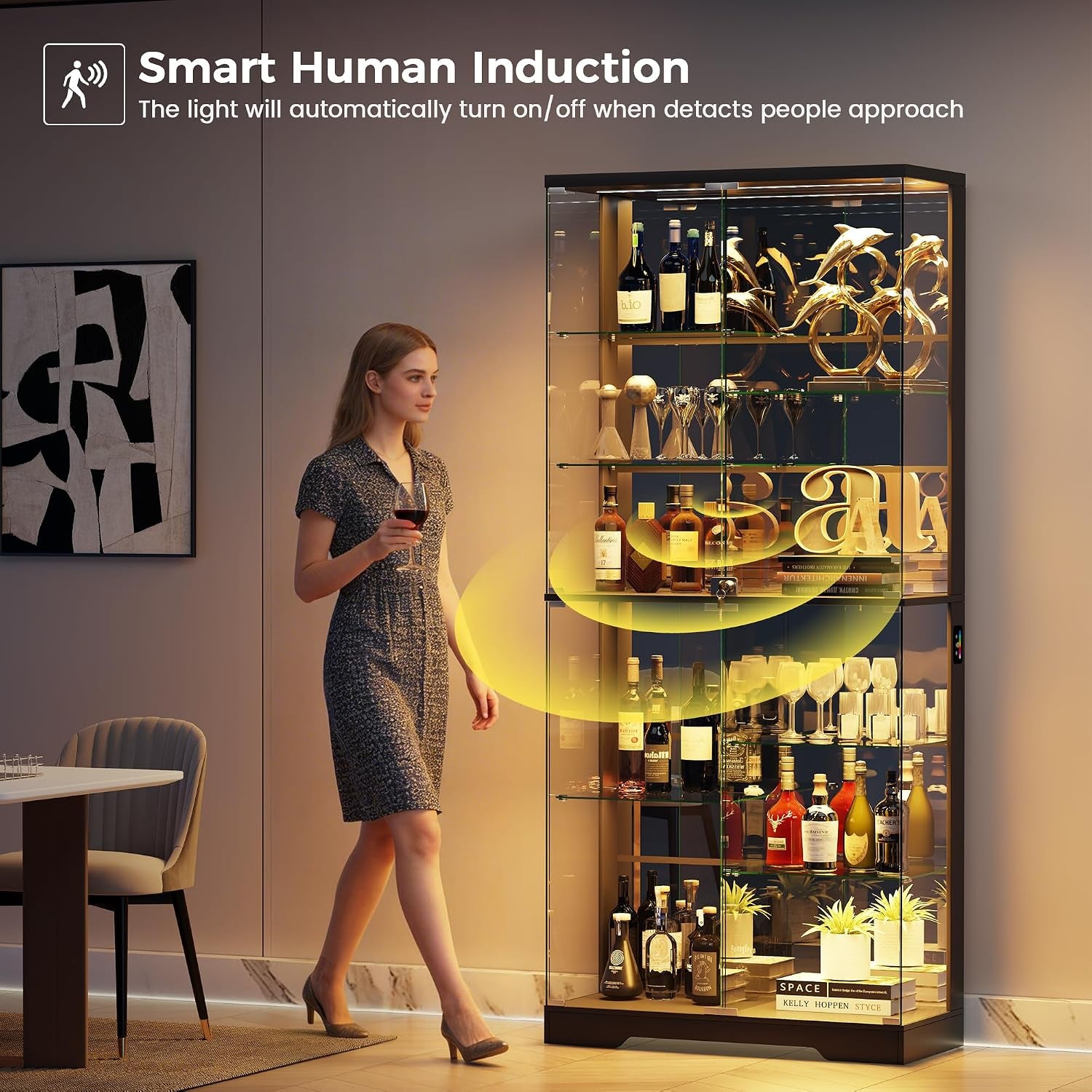 180Cm Glass Display Cabinets with RBG Lights for Collectibles,Black | 10-Tier Curio Cabinet with Lockable, Display Cases with Human Body Sensor and Glass Shelves for Books, Toys