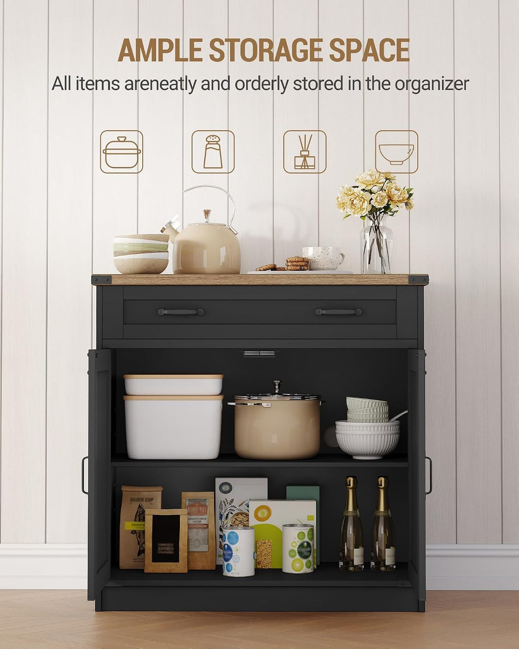 Sideboard, Kitchen Cabinet with Drawer & 2 Doors, 40 X 80 X 80 Cm | Freestanding Kitchen Cupboard with Adjustable Shelf, for Entryway, Living Room, Dining Room, Black, SC84806X