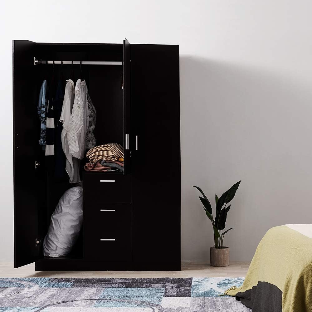 Wooden 3 Doors 3 Drawers Wardrobes with Hanging Rail and Storage Shelves Modern Large Clothes Cupboards Unit for Bedroom Furniture (Black)
