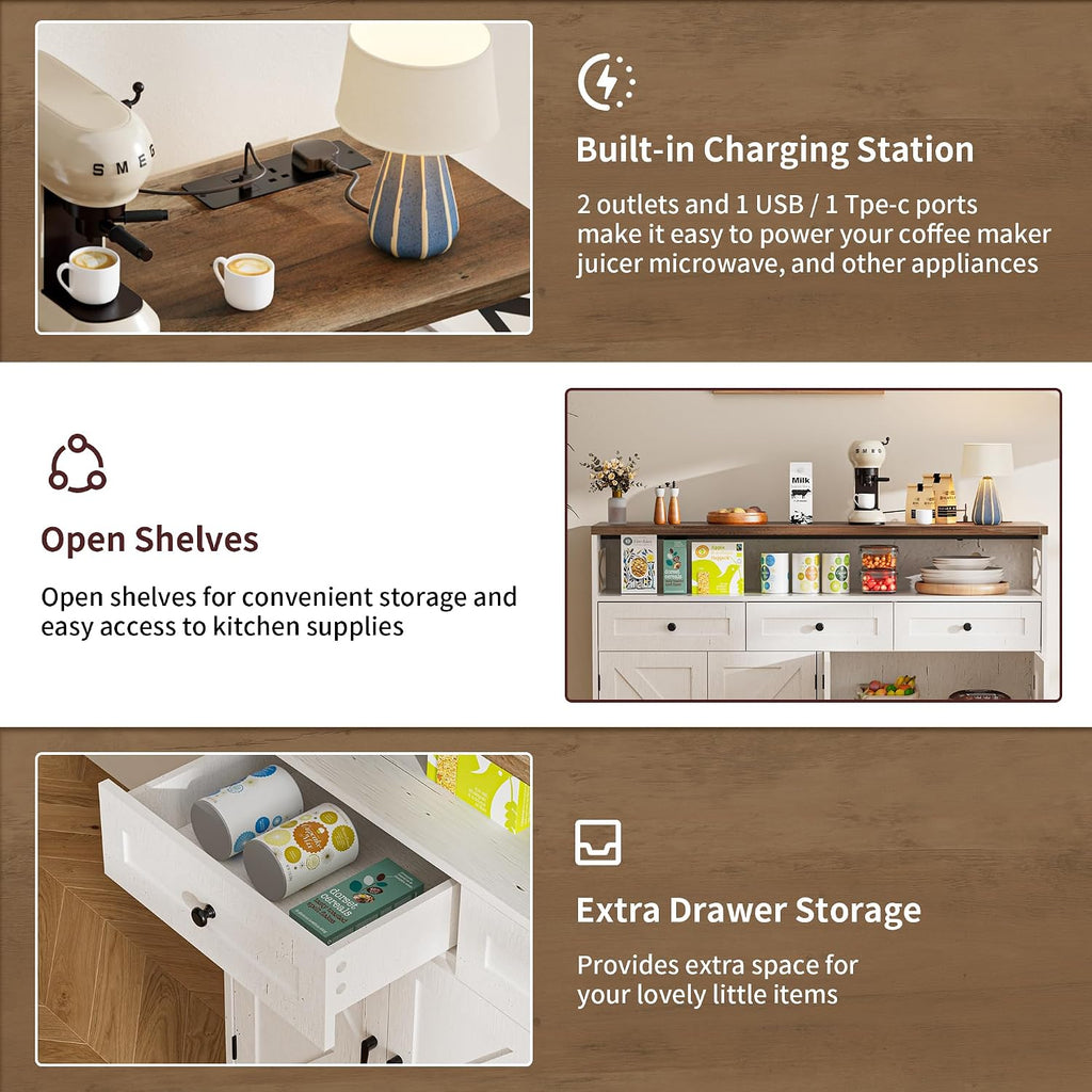 Sideboards Cabinet with Power Outlets,Wooden Storage Sideboard with Adjustable Shelf,3 Drawers and Open Shelf,Buffet Cupboard for Living Room,Kitchen,Hallway, Dining Room,Woodgrain White