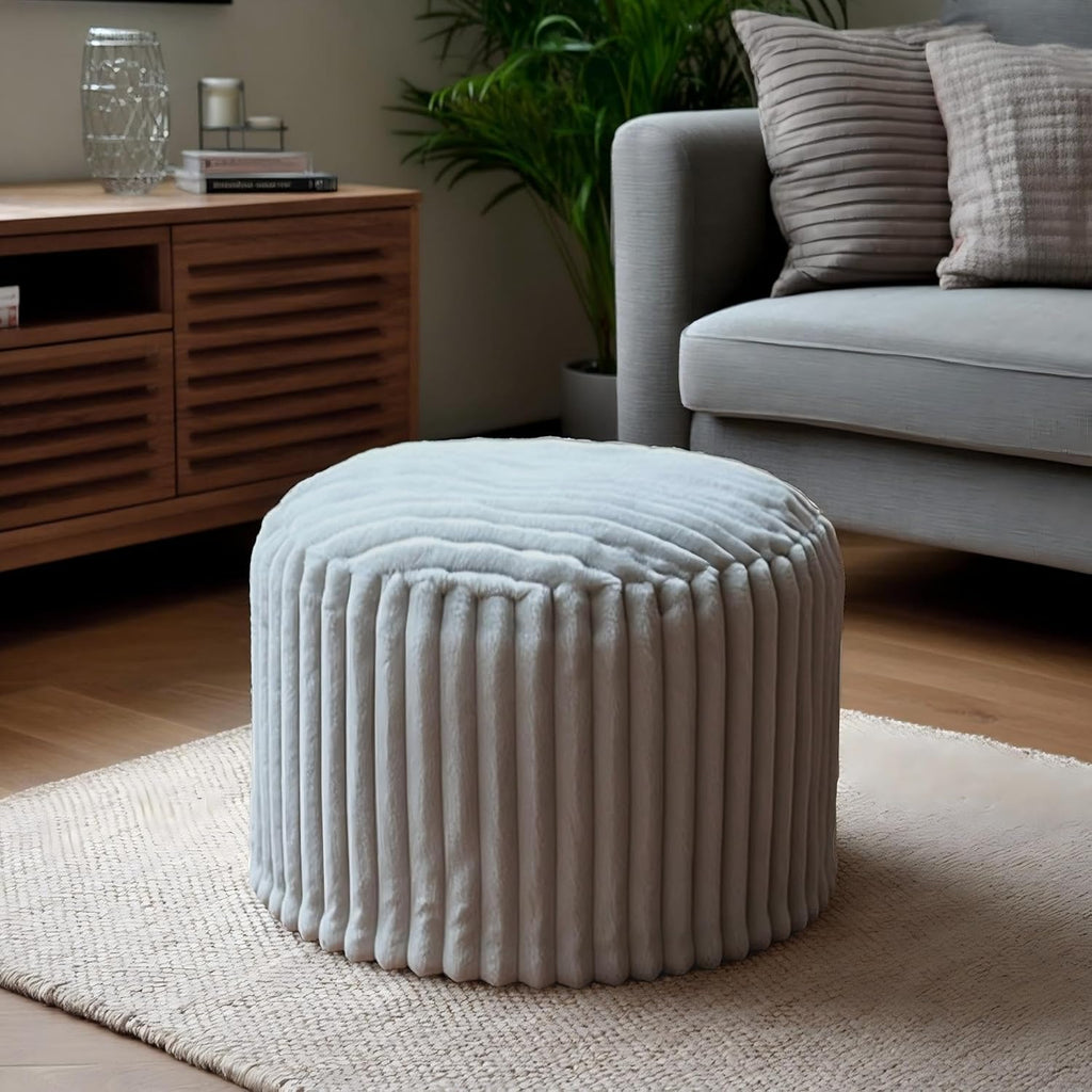 Round Footstool Bean Bag, Faux Fur Pouffe, Grey | Pouf with Foam Chunk Filling, Ottoman Stuffed round for Foot Rest, Dressing Table Stool, 38X50 Cm Footstool for Living Room
