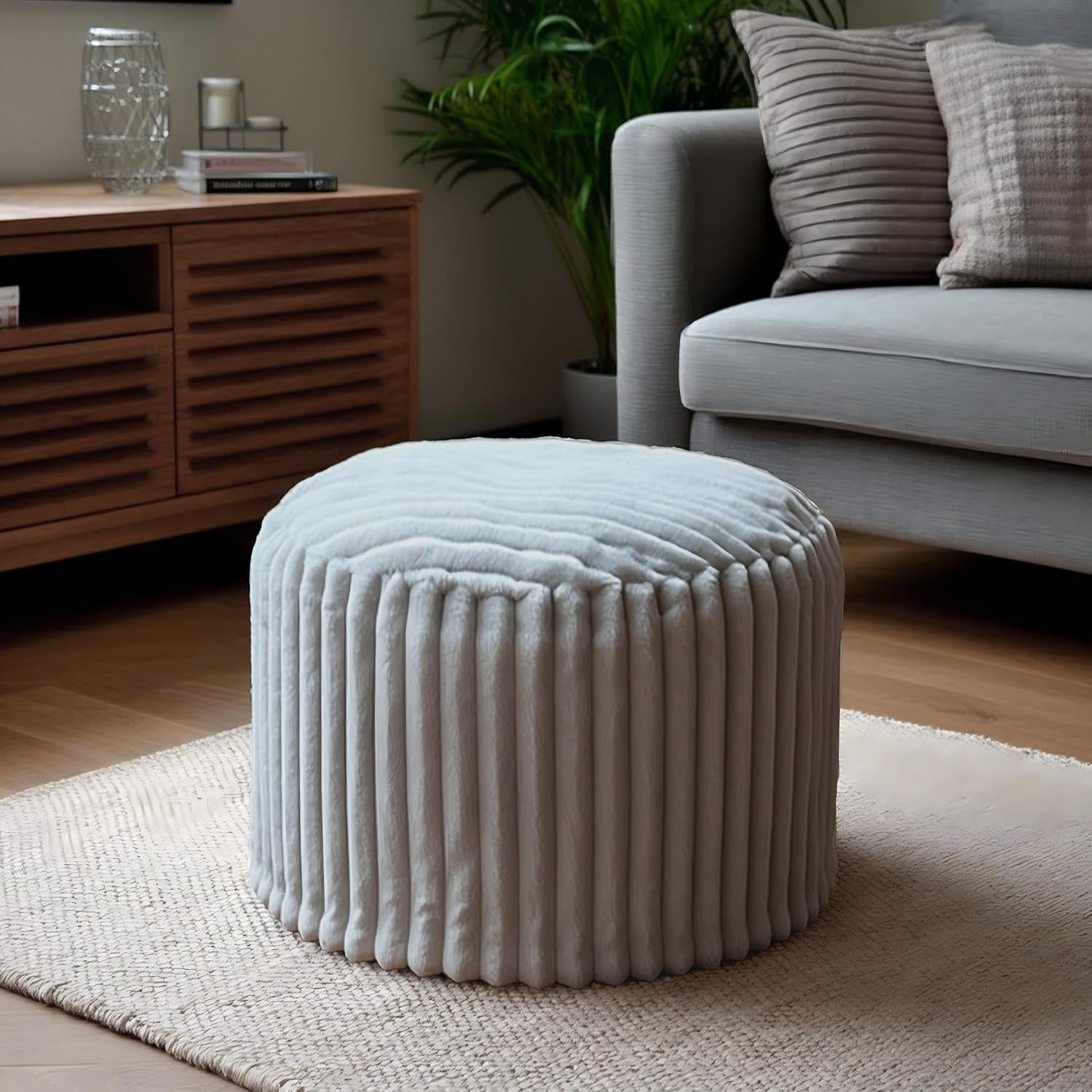 Round Footstool Bean Bag, Faux Fur Pouffe, Grey | Pouf with Foam Chunk Filling, Ottoman Stuffed round for Foot Rest, Dressing Table Stool, 38X50 Cm Footstool for Living Room