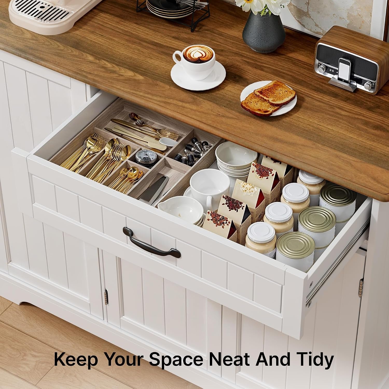 Sideboard Cabinet, Kitchen Storage Cupboard with Drawer | 3-Tier Door Storage and 2-Door Cabinet, Anti-Tip Design, 105 X 40 X 84.5