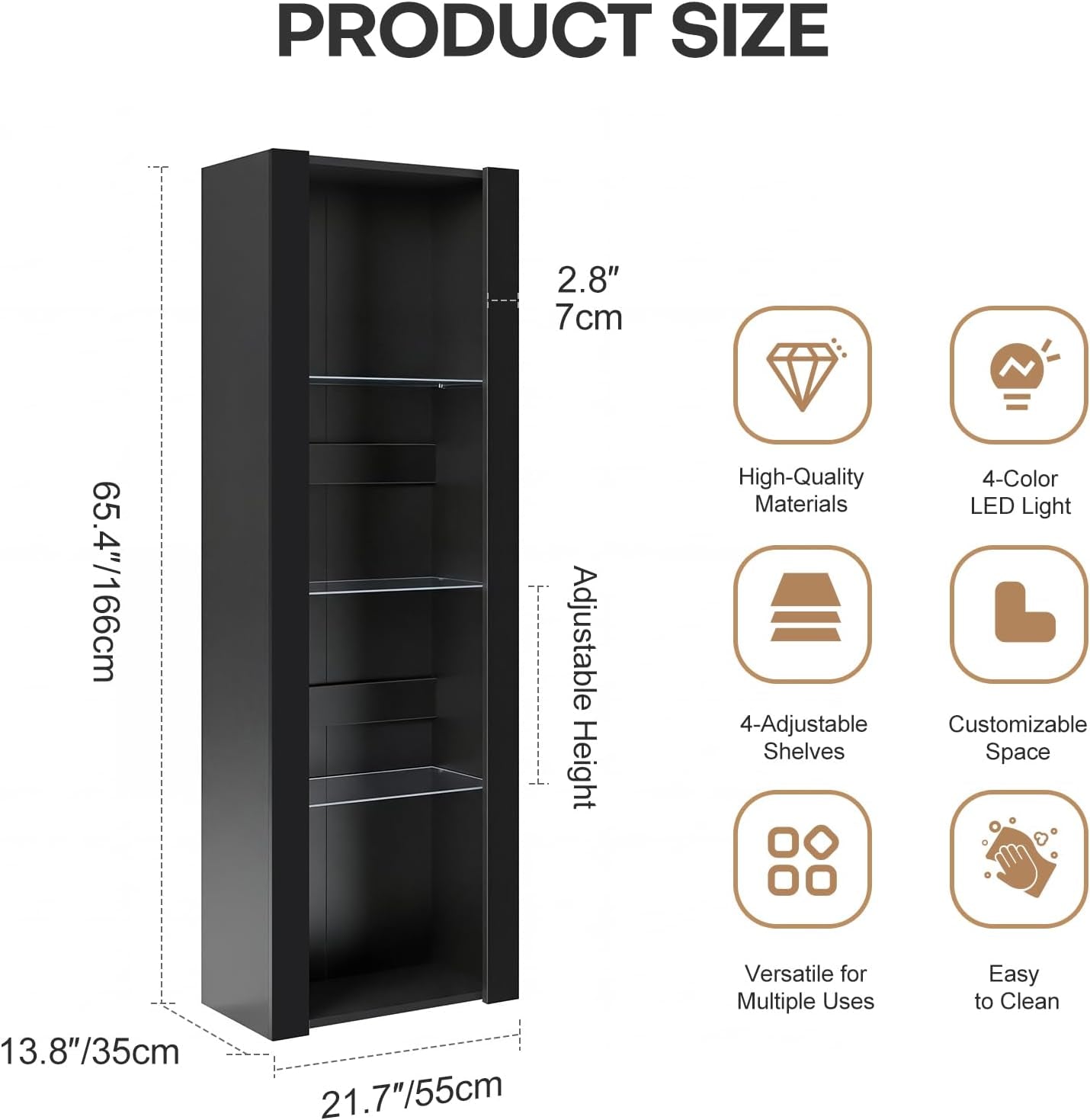 LED Tall Display Cabinet with Glass Shelf Modern Sideboard Cupboard Unit for Living Room Bedroom Furniture (Black Matt Body & Black High Gloss Fronts)