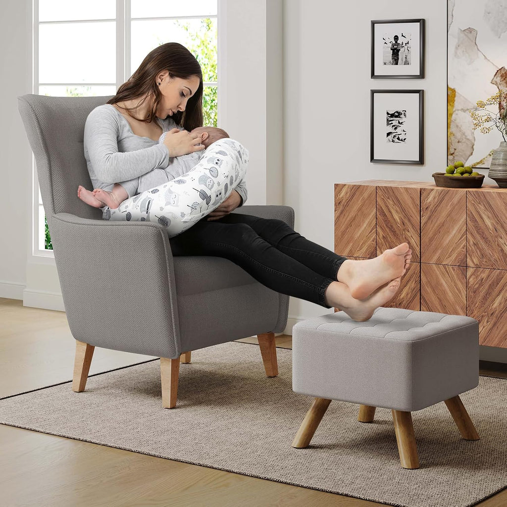 Linen Fabric Footstool Square Upholstered Stool Pouffe Stool Change Shoe Footrest Wooden Legs for Living Room Bedroom (Beige)