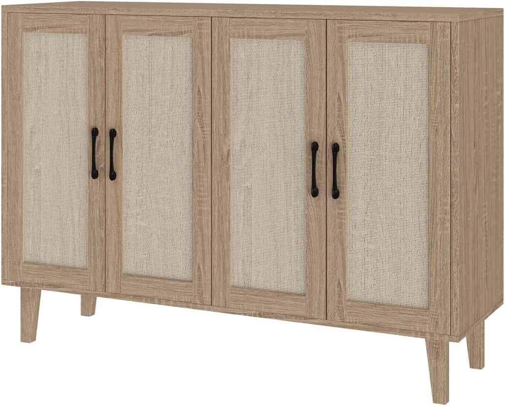 Buffet Storage Cabinet with Rattan Decorating Living Room Wood Kitchen Sideboard Accent Cabinet (Natural Wood, 123(W) X 38(D) X 88(H))