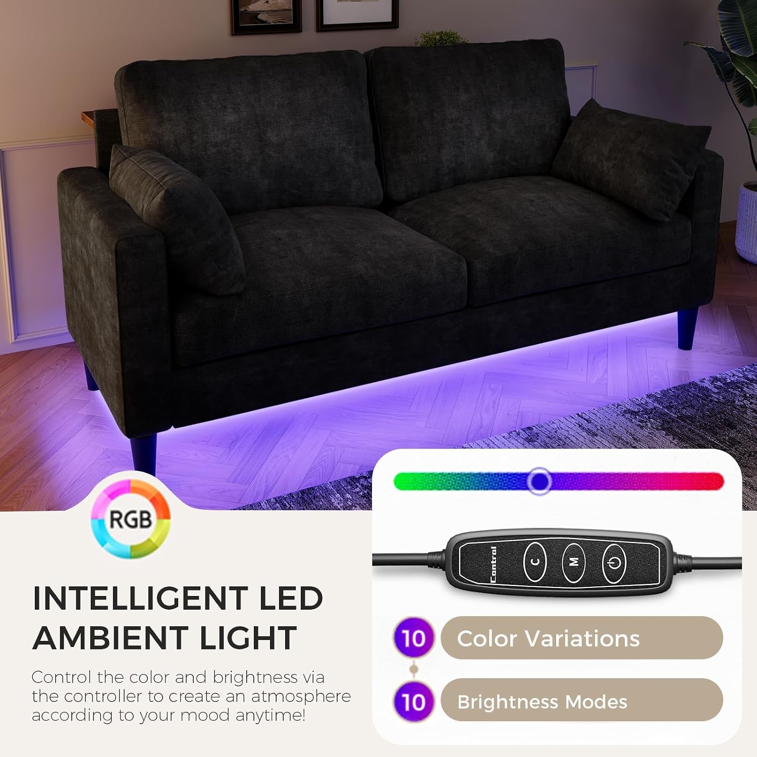 2 Seater Sofa with 2 AC Outlets and 2 USB Ports, Small Couch Loveseat with LED Lights, Chenille Sofas Couches with Console Table for Living Room, Easy Assembly, Black