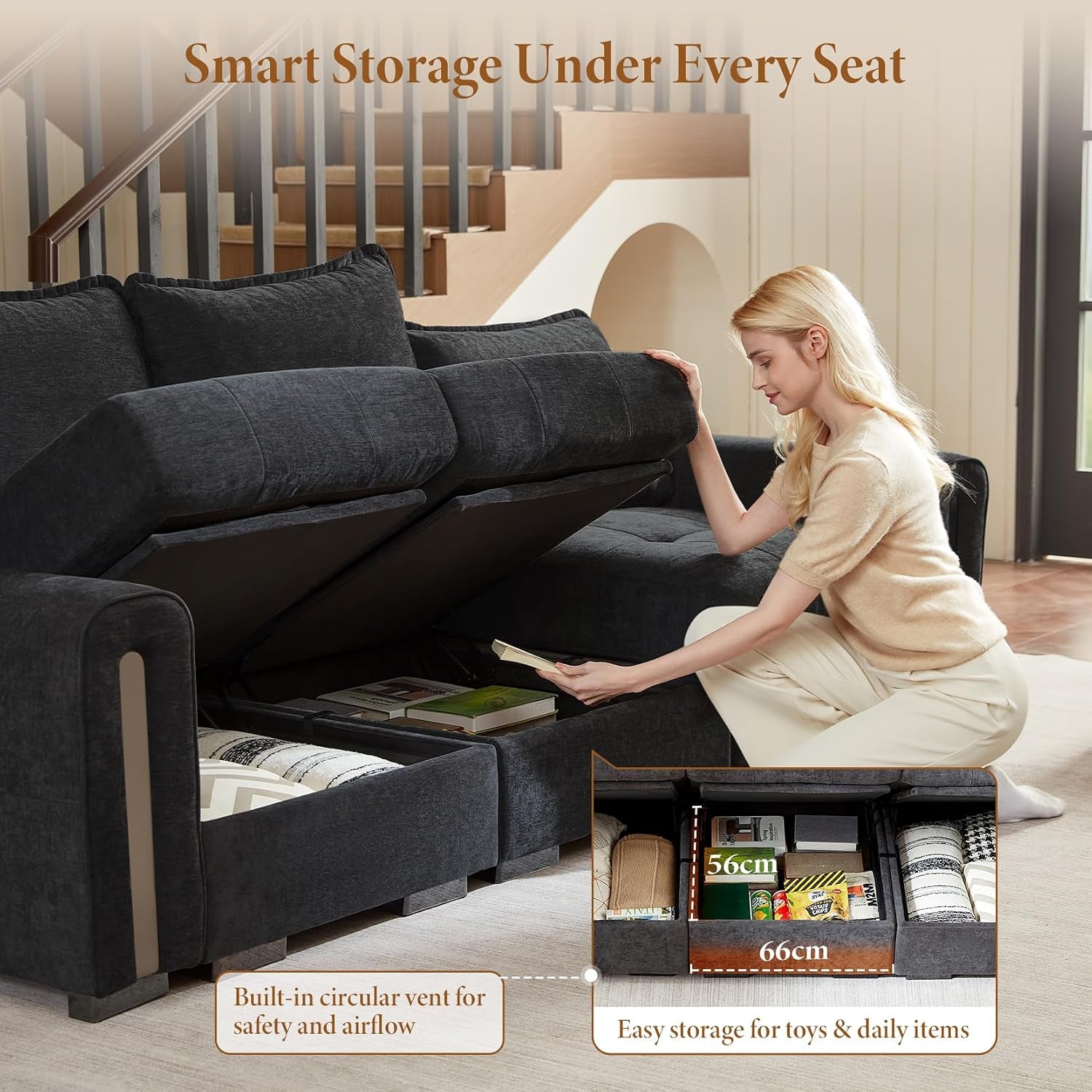 5 Seater Modular Corner Sofa with Storage, Chenille, Dark Grey | Cloud Comfort, Deep Seat, Convertible L Shaped 2C2 Corner Sofas, Easy Assembly, Sectional Couch for Living Room, Apartment