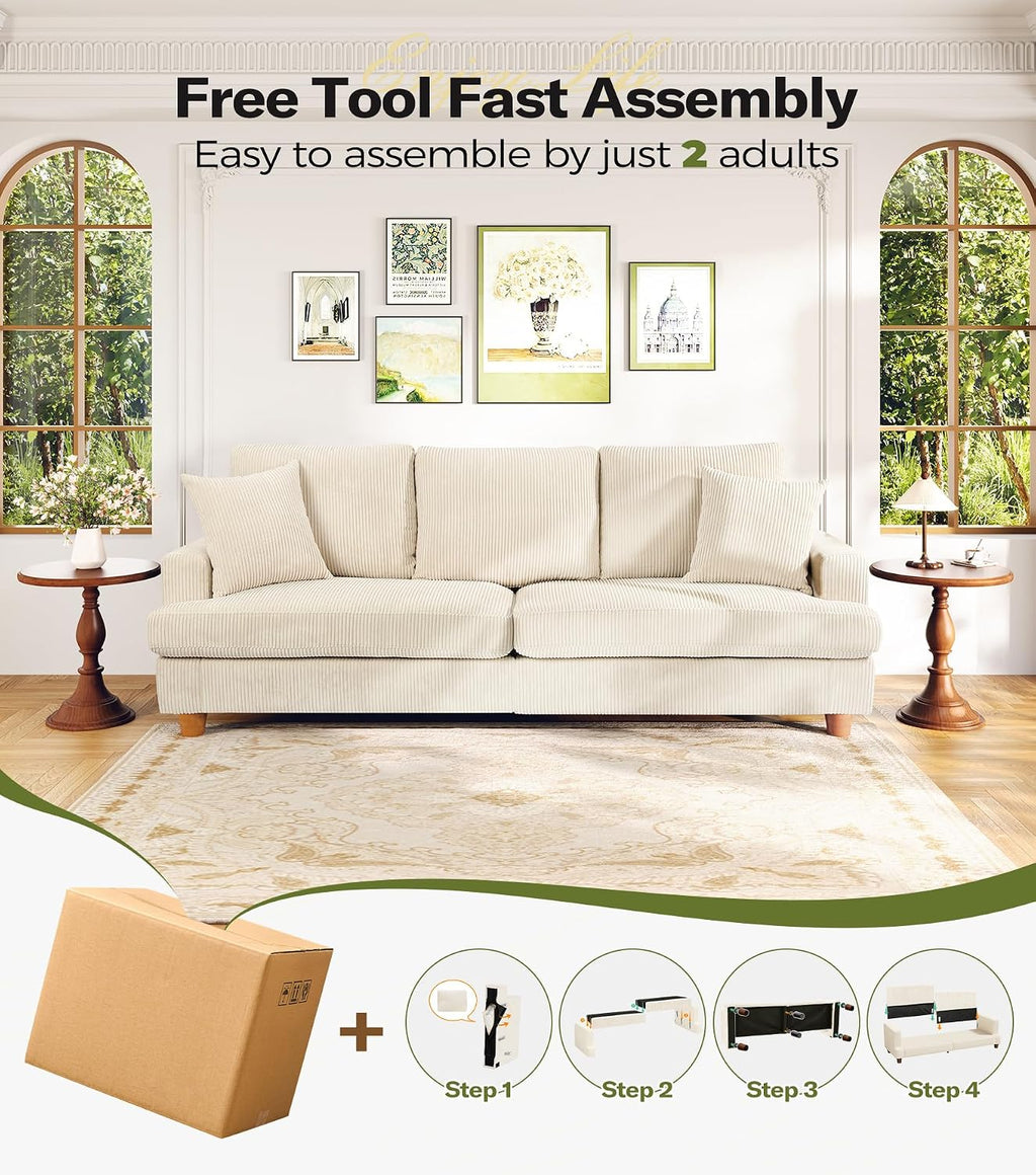 211CM 3 Seater Sofas, Corduroy Sofa No Tool Assembly, Oversized 2 Seater Sofa with 53CM Deep Seats, 3 Seater Sofa Couches & 2 Pillows, Sofa in a Box, Boho Sofas for Living Room, Beige Sofa