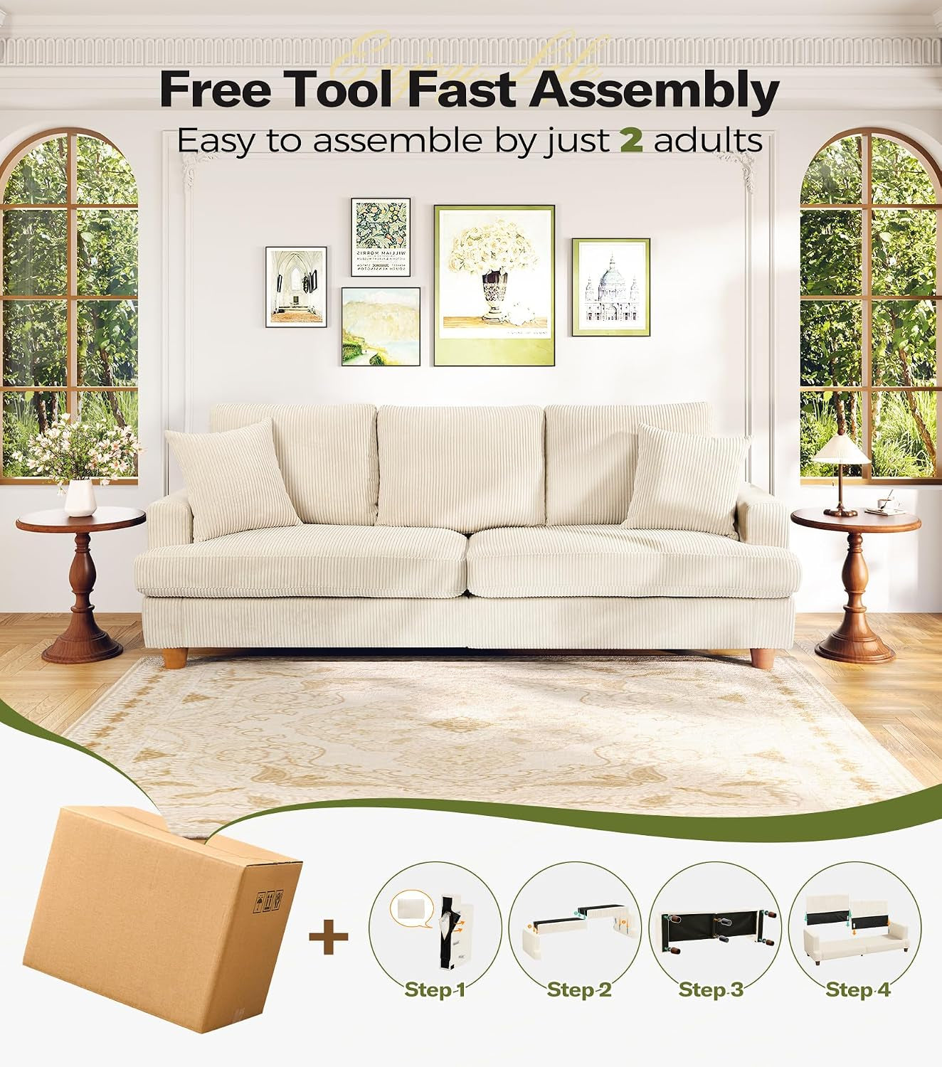 211CM 3 Seater Sofas, Corduroy Sofa No Tool Assembly, Oversized 2 Seater Sofa with 53CM Deep Seats, 3 Seater Sofa Couches & 2 Pillows, Sofa in a Box, Boho Sofas for Living Room, Beige Sofa