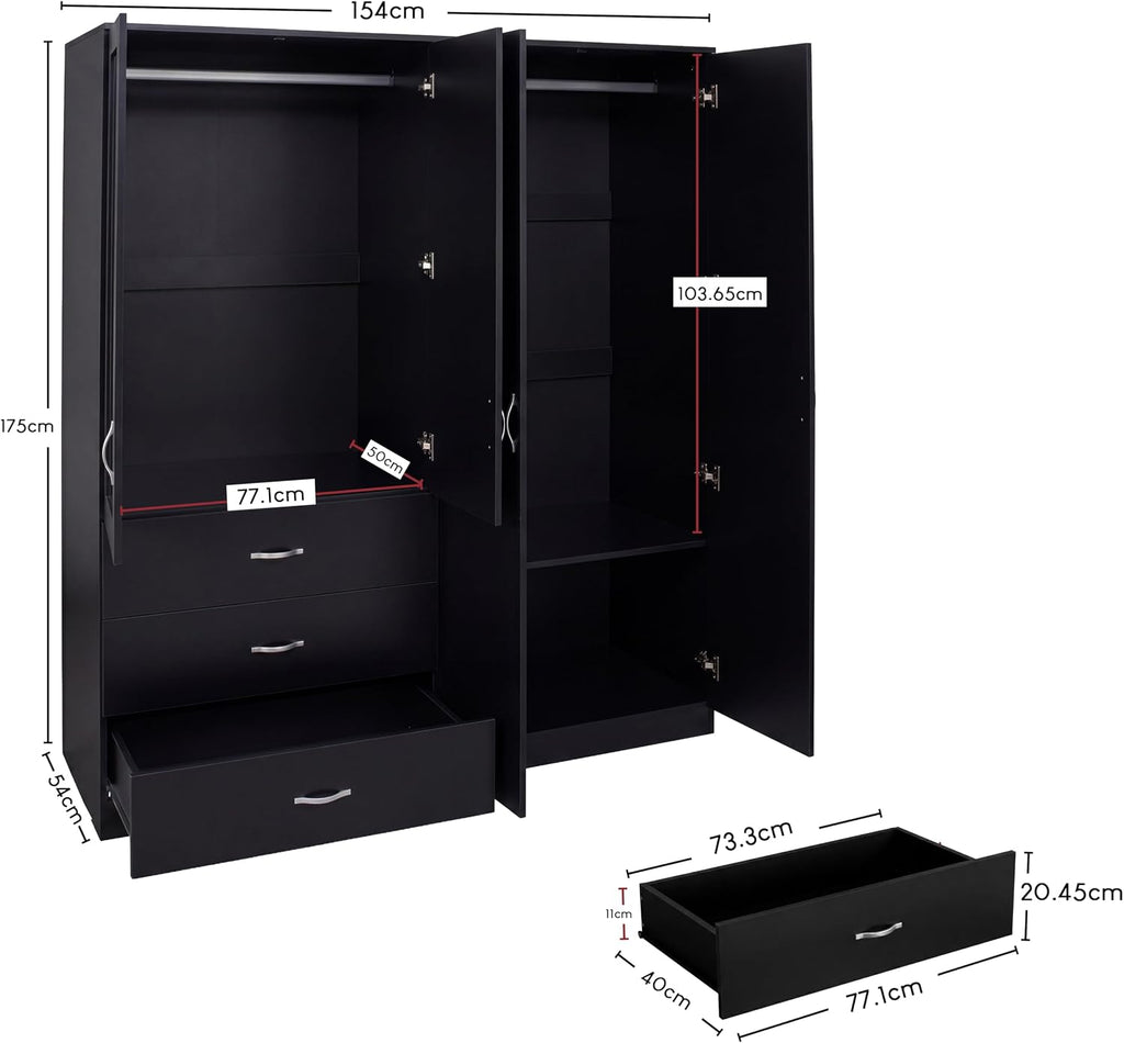 Riano 4 Door 3 Drawer Mirrored Wardrobe | Black | Modern Bedroom Furniture | 175H X 154W X 54D Cm | with Storage Shelf & Hanging Rail | Large Capacity Storage
