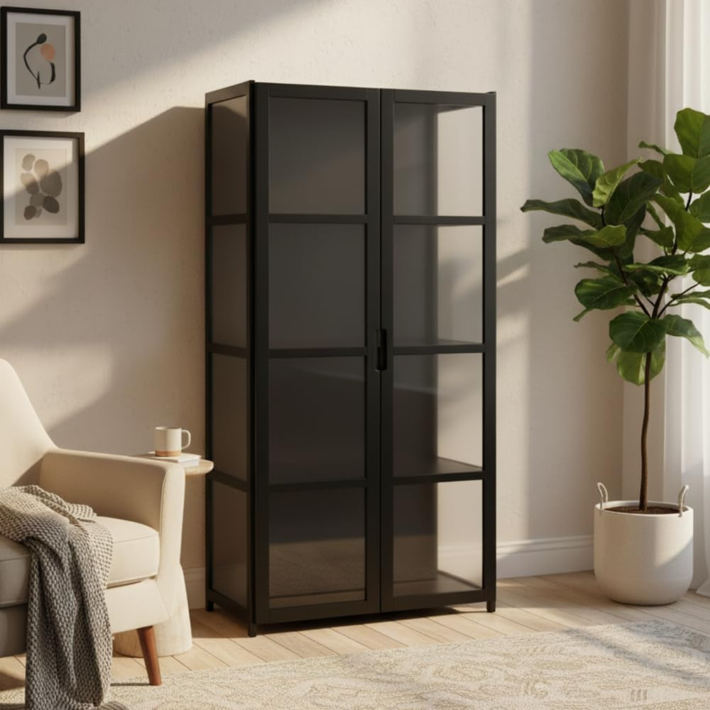 Acrylic Display Cabinet, Black, Double Doors, 4 Tier, 3 Sided | 4 Tier Clear Showcase Cabinet for Collectibles,Transparent Black Shelves for Collectibles