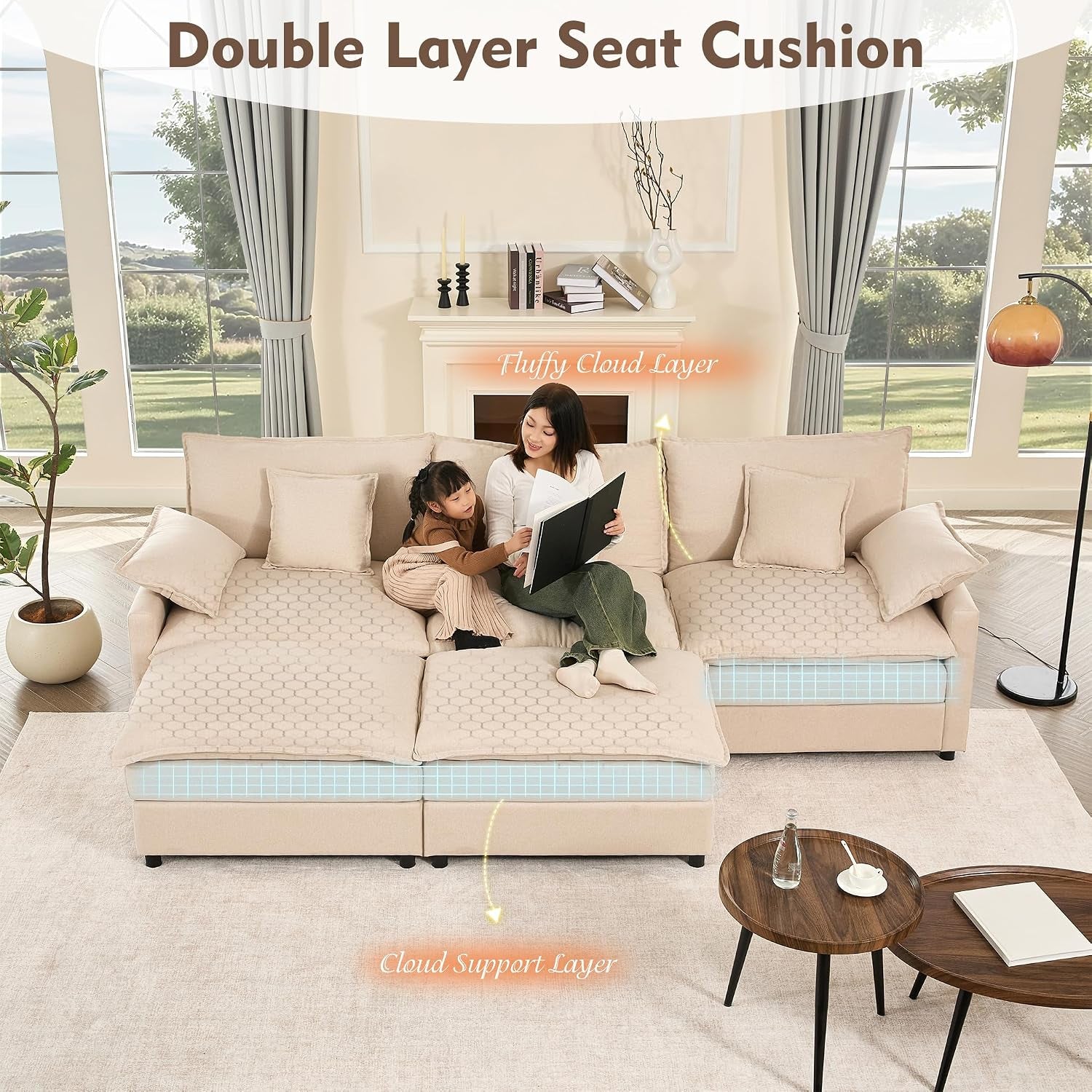 274 Cm U-Shaped Sofa, Linen Deep Seat Sofa Bed, Beige | Cloud Comfort, Deep Seat Design, Soft Chenille Upholstery, Machine-Washable Covers, Movable Ottoman
