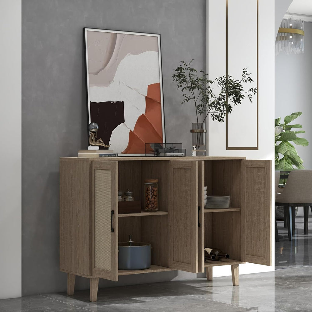 Buffet Storage Cabinet with Rattan Decorating Living Room Wood Kitchen Sideboard Accent Cabinet (Natural Wood, 123(W) X 38(D) X 88(H))